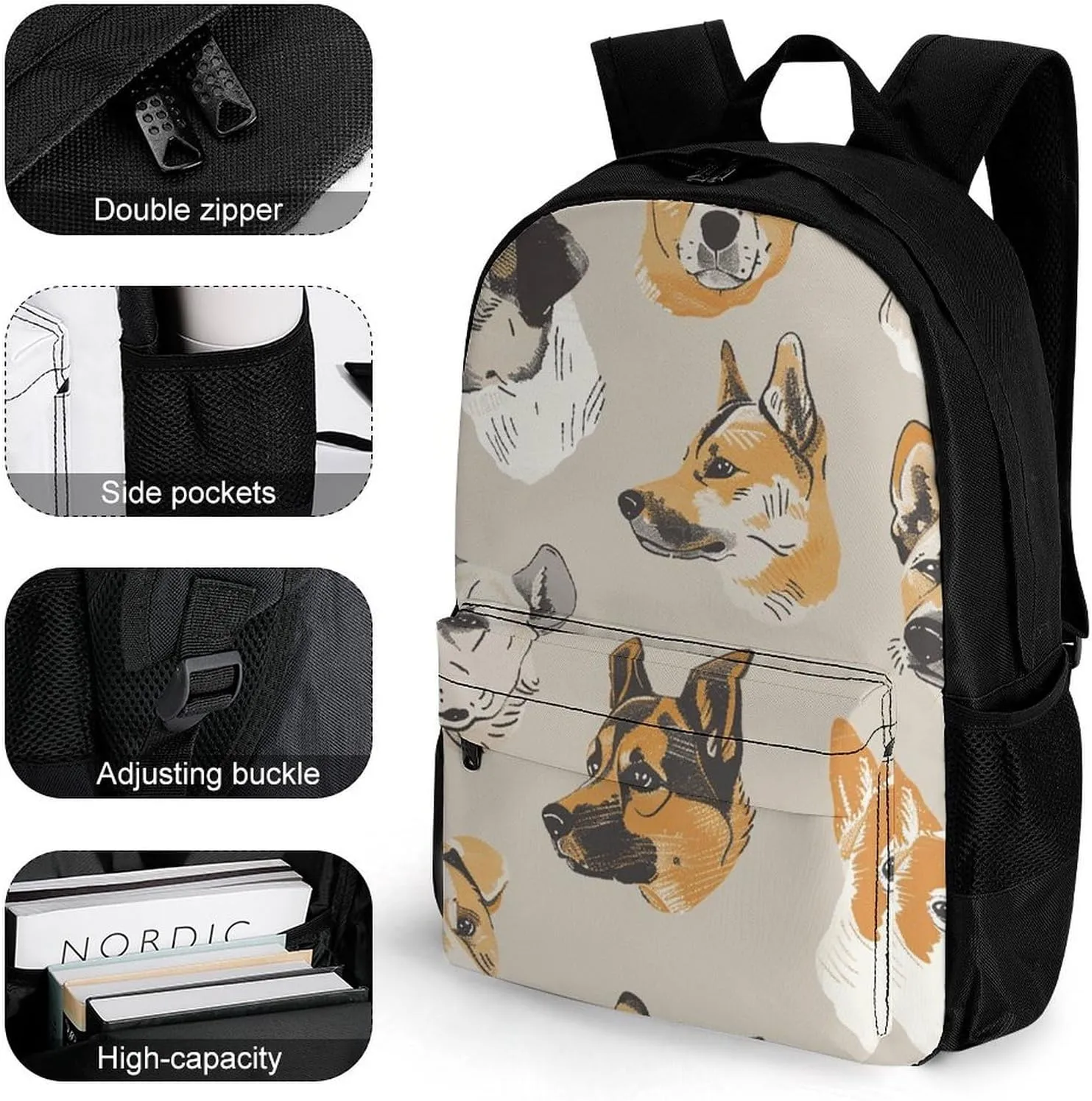Backpack for Men Women Laptop Backpack Dog Head Pattern Casual Daypack Laptop Bag for Travel