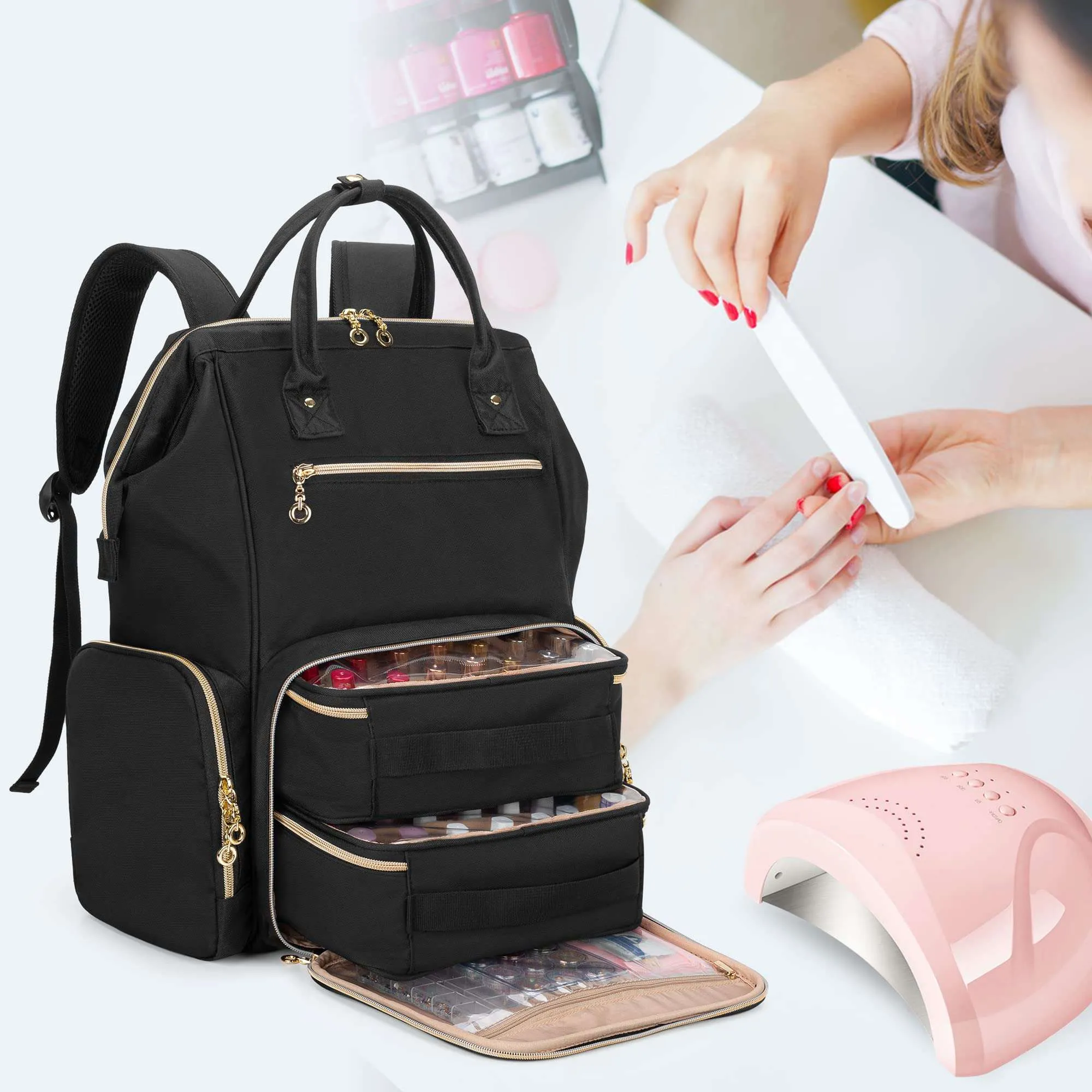 BAFASO Nail Polish Organizer Backpack Holds 56 Bottles and a Nail Lamp, Nail Polish Bag with 2 Removable Pouches and Tools Storage Sections (Patented Design), Black