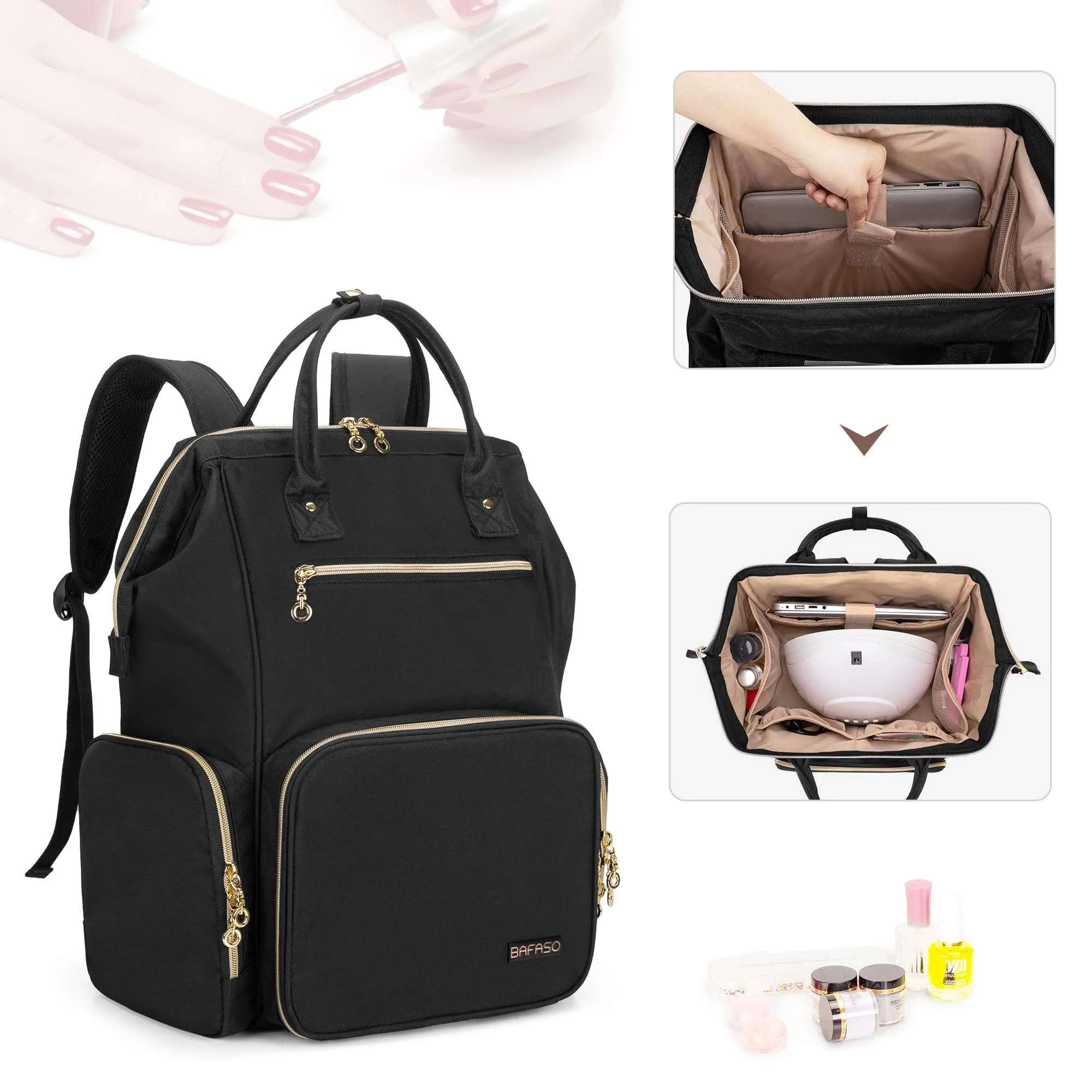 BAFASO Nail Polish Organizer Backpack Holds 56 Bottles and a Nail Lamp, Nail Polish Bag with 2 Removable Pouches and Tools Storage Sections (Patented Design), Black