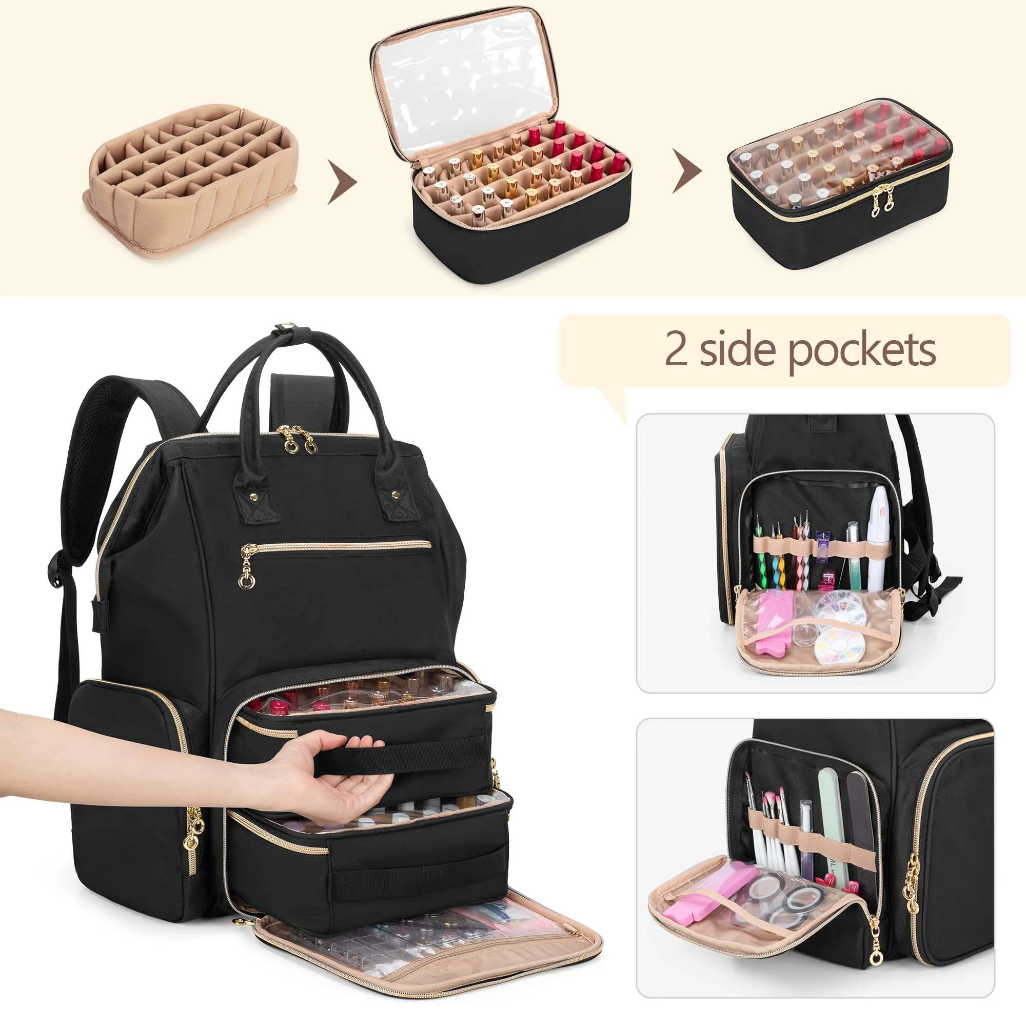 BAFASO Nail Polish Organizer Backpack Holds 56 Bottles and a Nail Lamp, Nail Polish Bag with 2 Removable Pouches and Tools Storage Sections (Patented Design), Black