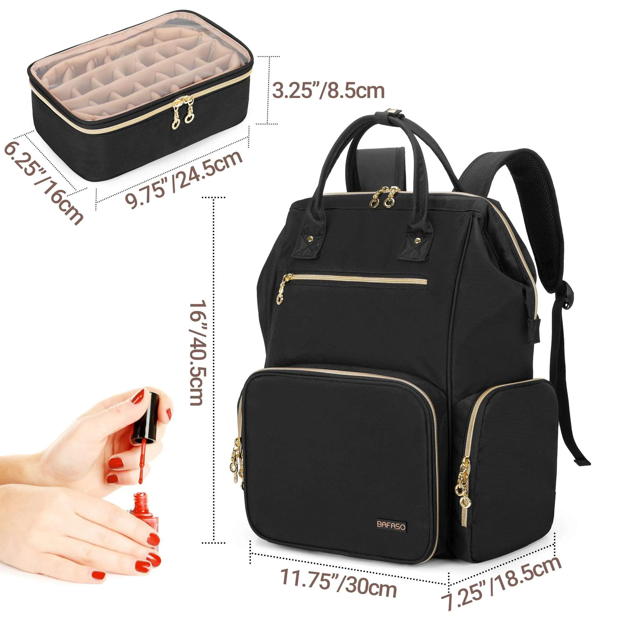 BAFASO Nail Polish Organizer Backpack Holds 56 Bottles and a Nail Lamp, Nail Polish Bag with 2 Removable Pouches and Tools Storage Sections (Patented Design), Black