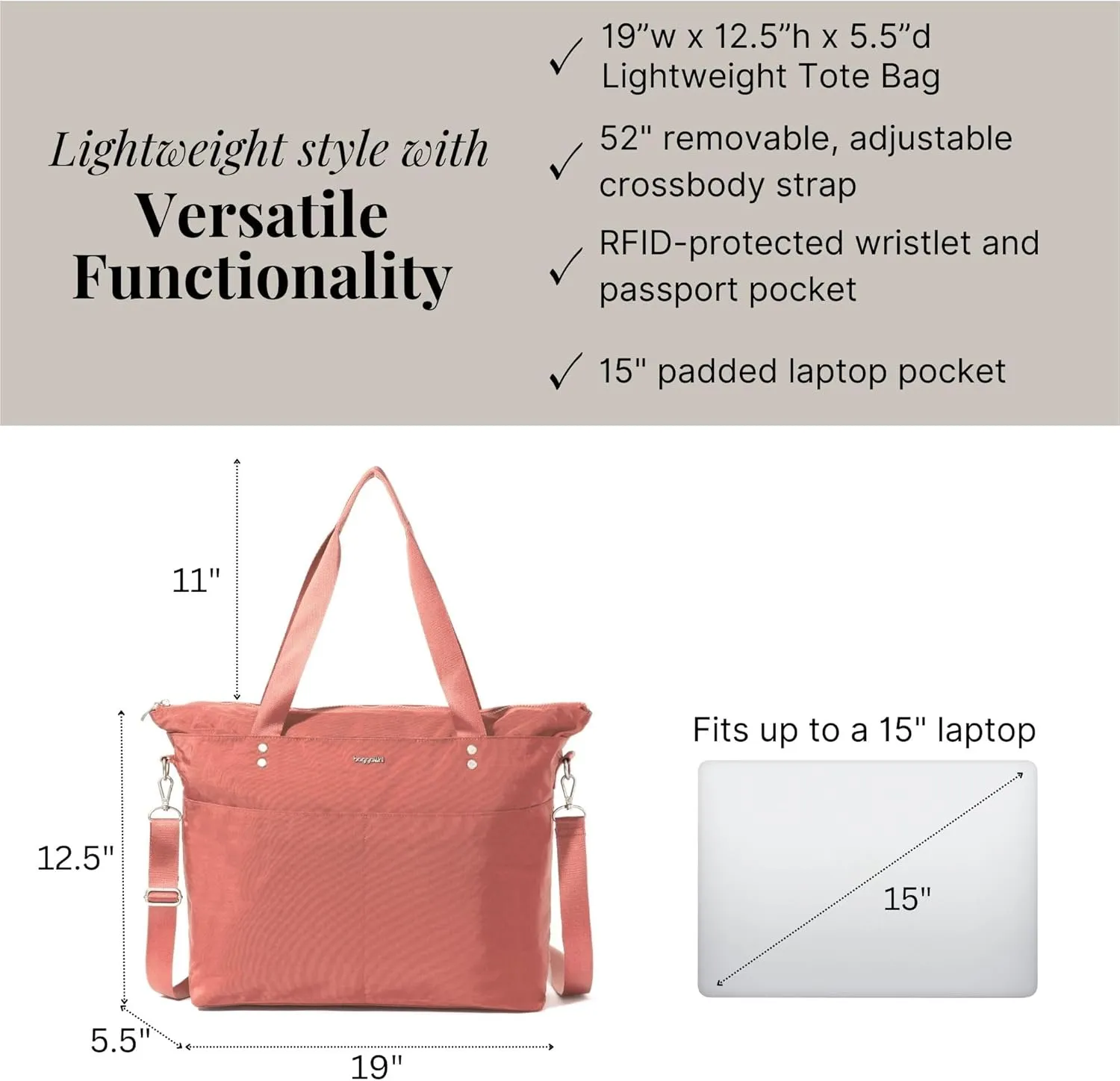 Baggallini Carryall Laptop Tote-Medium 12x19 Inch Travel Crossbody Shoulder Bag