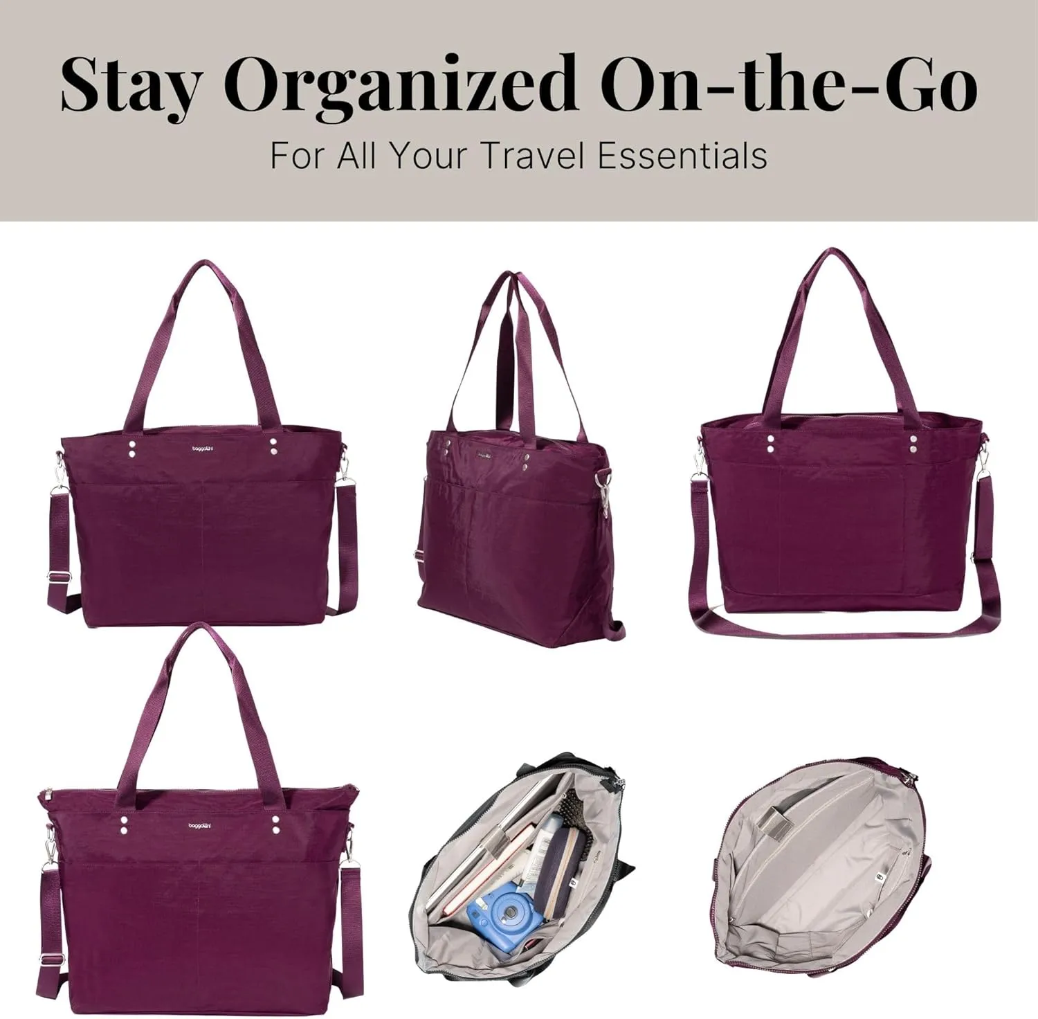 Baggallini Carryall Laptop Tote-Medium 12x19 Inch Travel Crossbody Shoulder Bag
