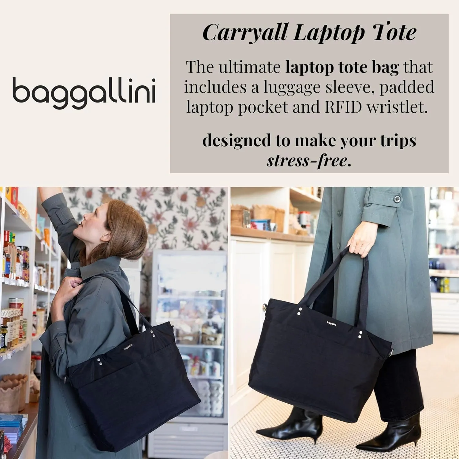 Baggallini Carryall Laptop Tote-Medium 12x19 Inch Travel Crossbody Shoulder Bag