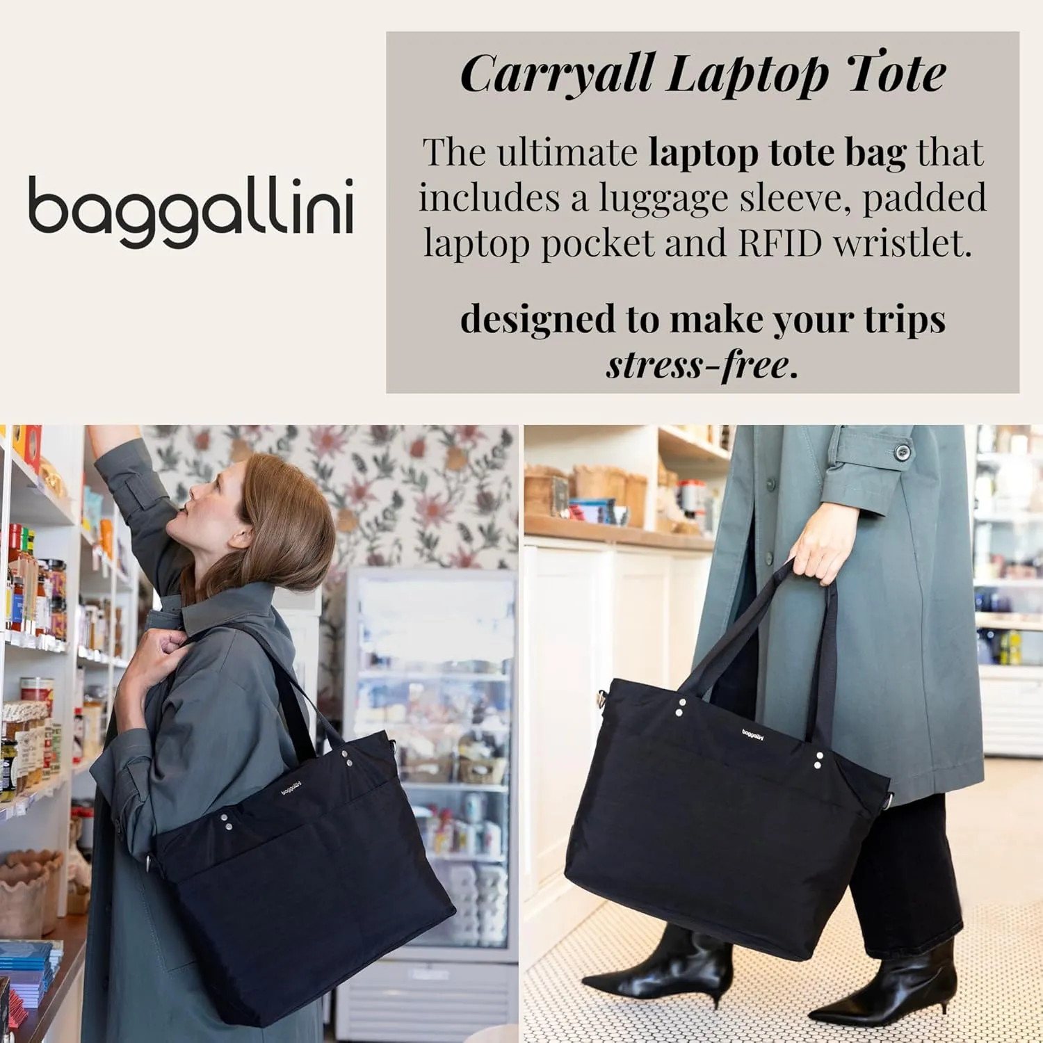 Baggallini Carryall Laptop Tote-Medium 12x19 Inch Travel Crossbody Shoulder Bag