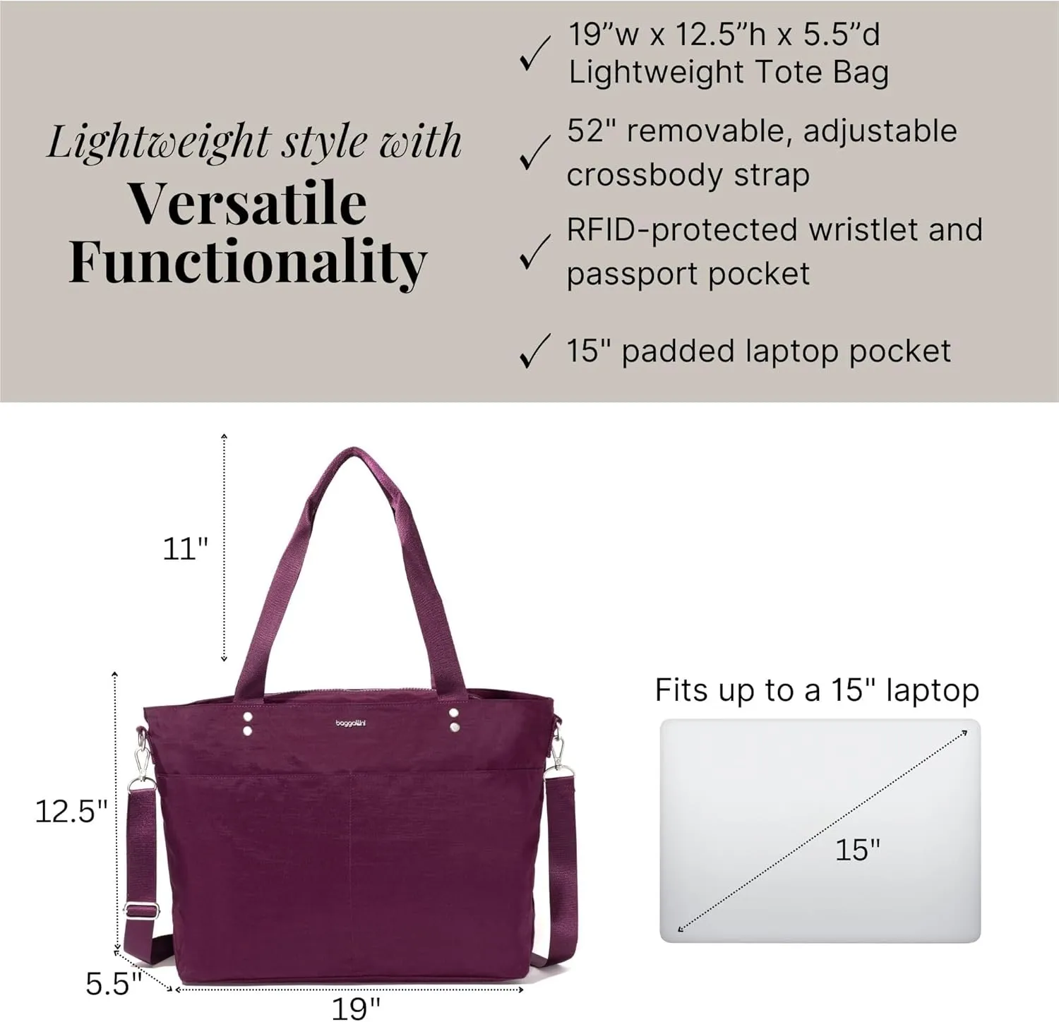 Baggallini Carryall Laptop Tote-Medium 12x19 Inch Travel Crossbody Shoulder Bag
