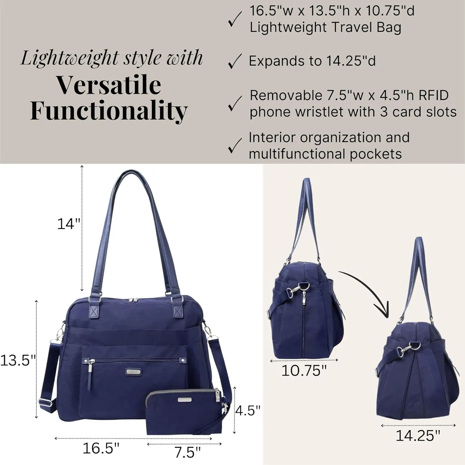 Baggallini Overnight Expandable Laptop Tote - Lightweight Travel Bag for Women