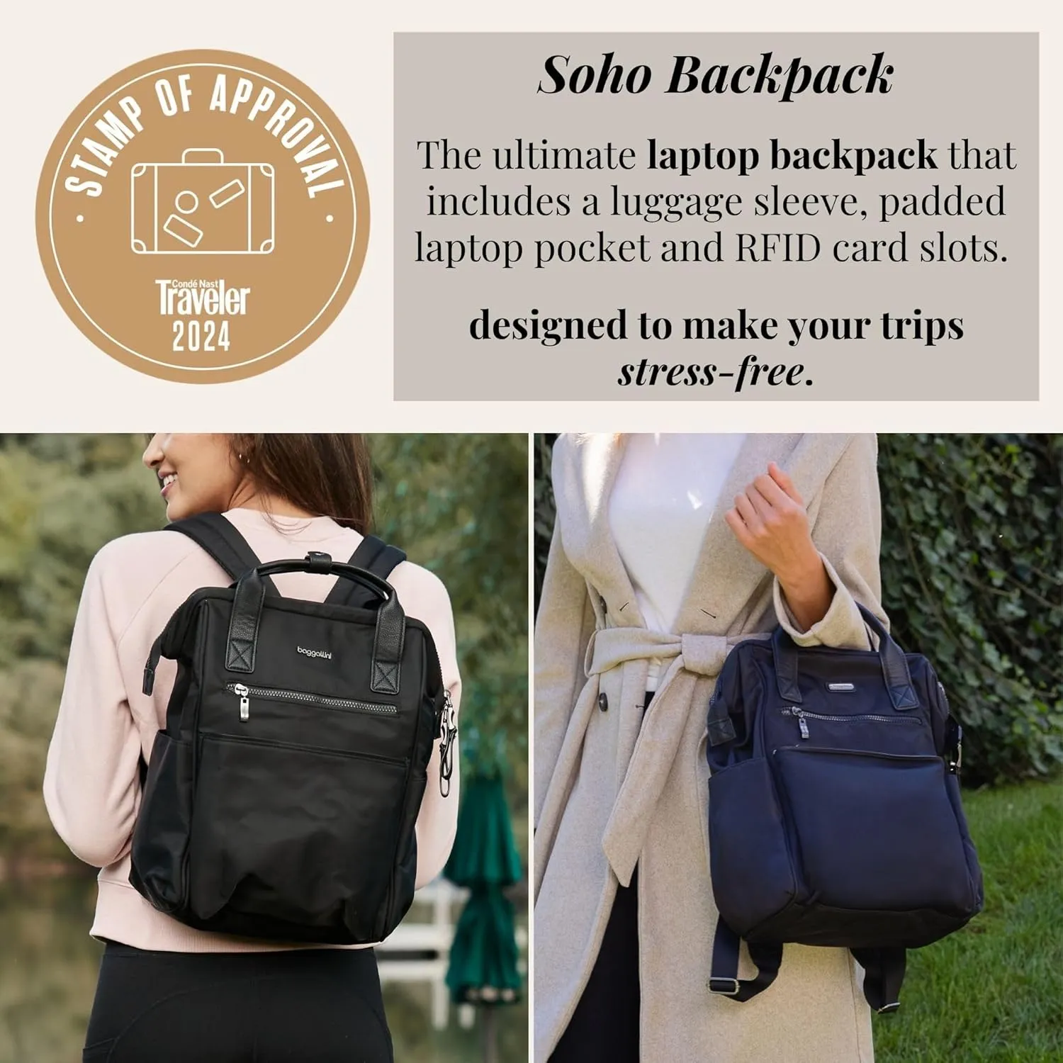Baggallini Soho Backpack - Travel Laptop Backpack for Women - Lightweight Water-Resistant Luggage Bag, Black Croc Jacquard