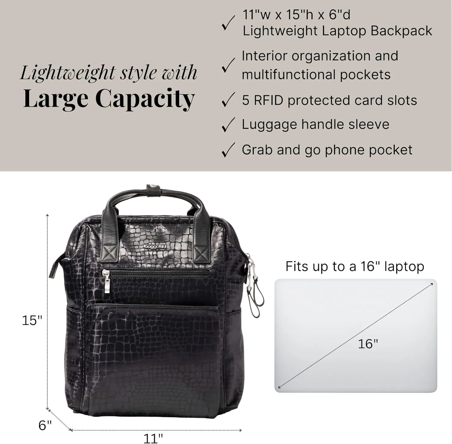 Baggallini Soho Backpack - Travel Laptop Backpack for Women - Lightweight Water-Resistant Luggage Bag, Black Croc Jacquard
