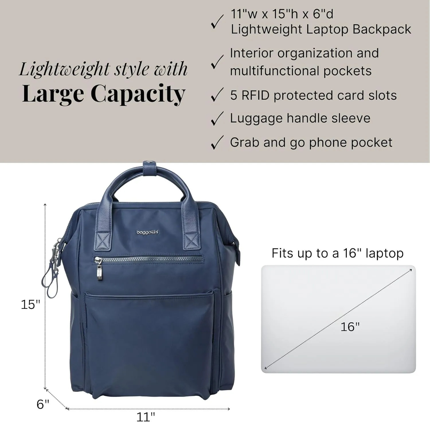 Baggallini Soho Backpack - Travel Laptop Backpack for Women - Lightweight Water-Resistant Luggage Bag, French Navy