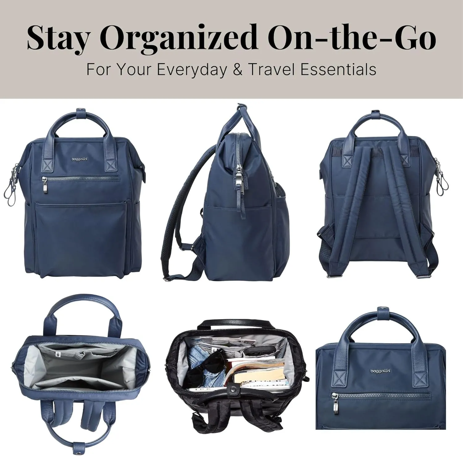 Baggallini Soho Backpack - Travel Laptop Backpack for Women - Lightweight Water-Resistant Luggage Bag, French Navy