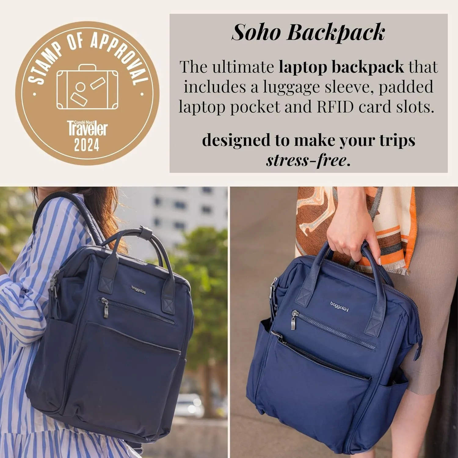 Baggallini Soho Backpack - Travel Laptop Backpack for Women - Lightweight Water-Resistant Luggage Bag, French Navy