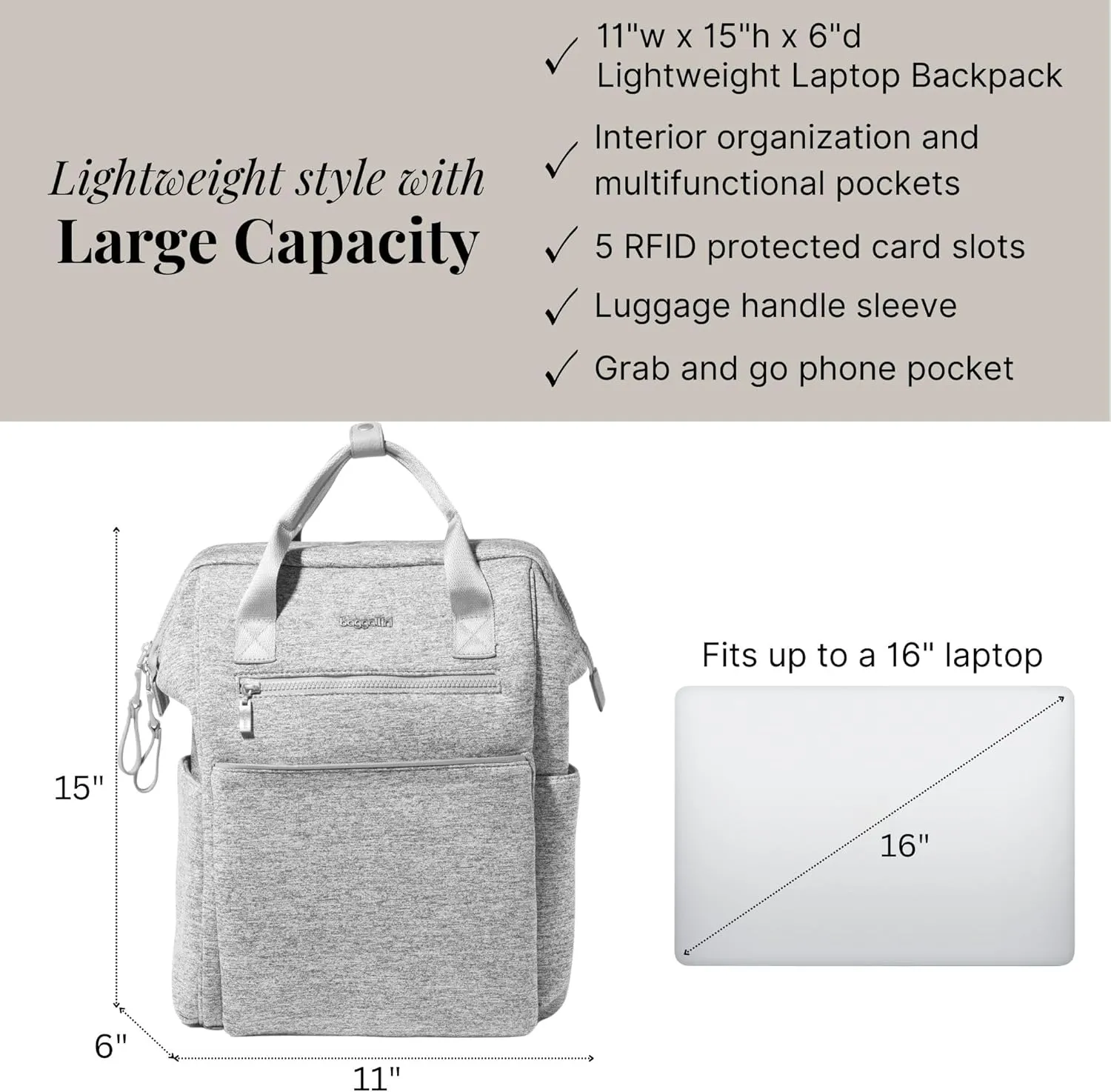 Baggallini Soho Backpack - Travel Laptop Backpack for Women - Lightweight Water-Resistant Luggage Bag, Heather Grey Neoprene
