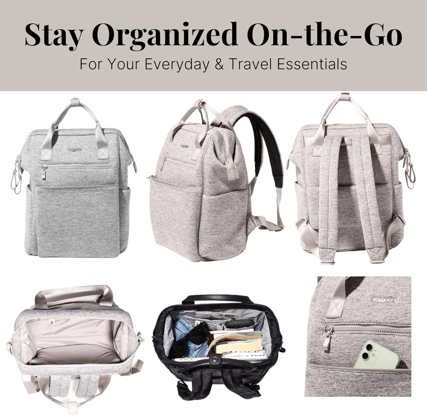 Baggallini Soho Backpack - Travel Laptop Backpack for Women - Lightweight Water-Resistant Luggage Bag, Heather Grey Neoprene