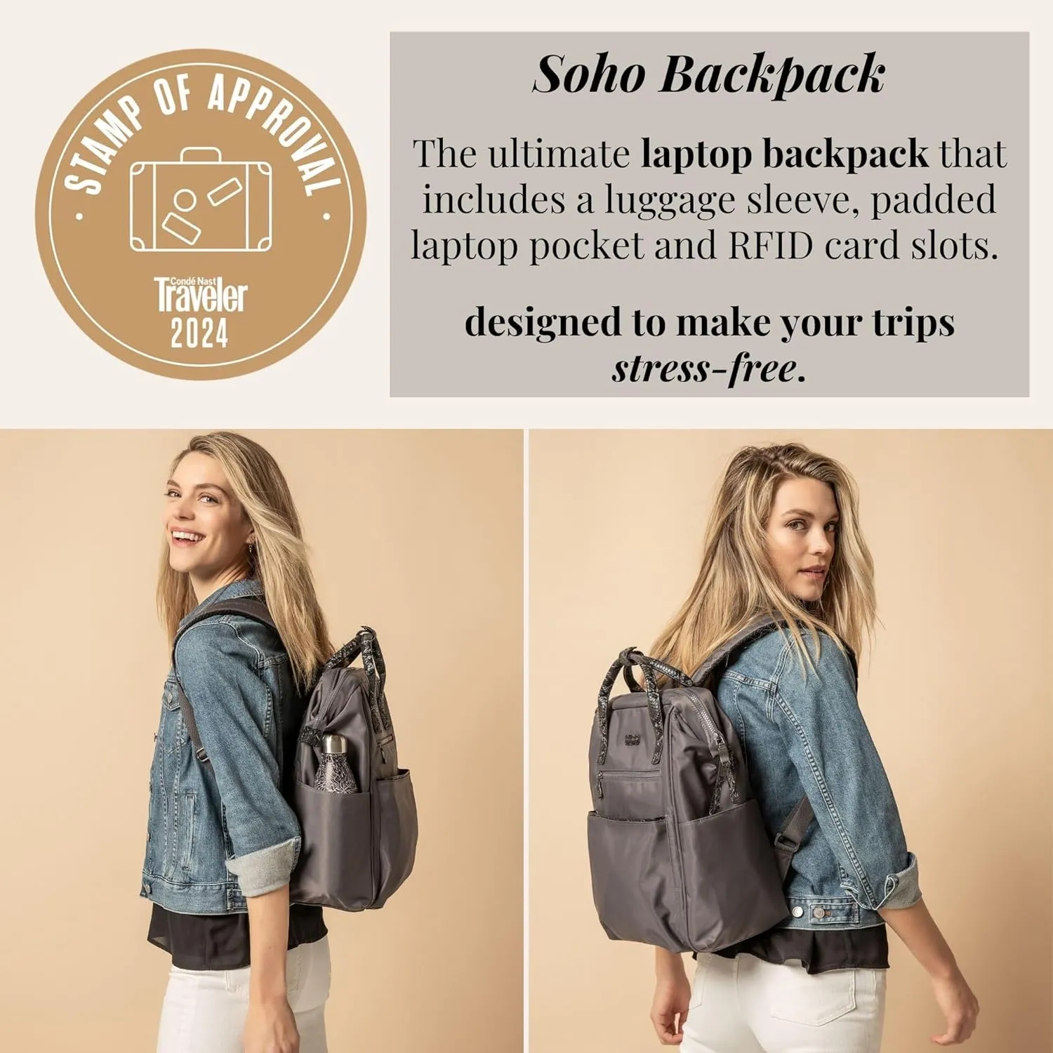 Baggallini Soho Backpack - Travel Laptop Backpack for Women - Lightweight Water-Resistant Luggage Bag, Heather Grey Neoprene