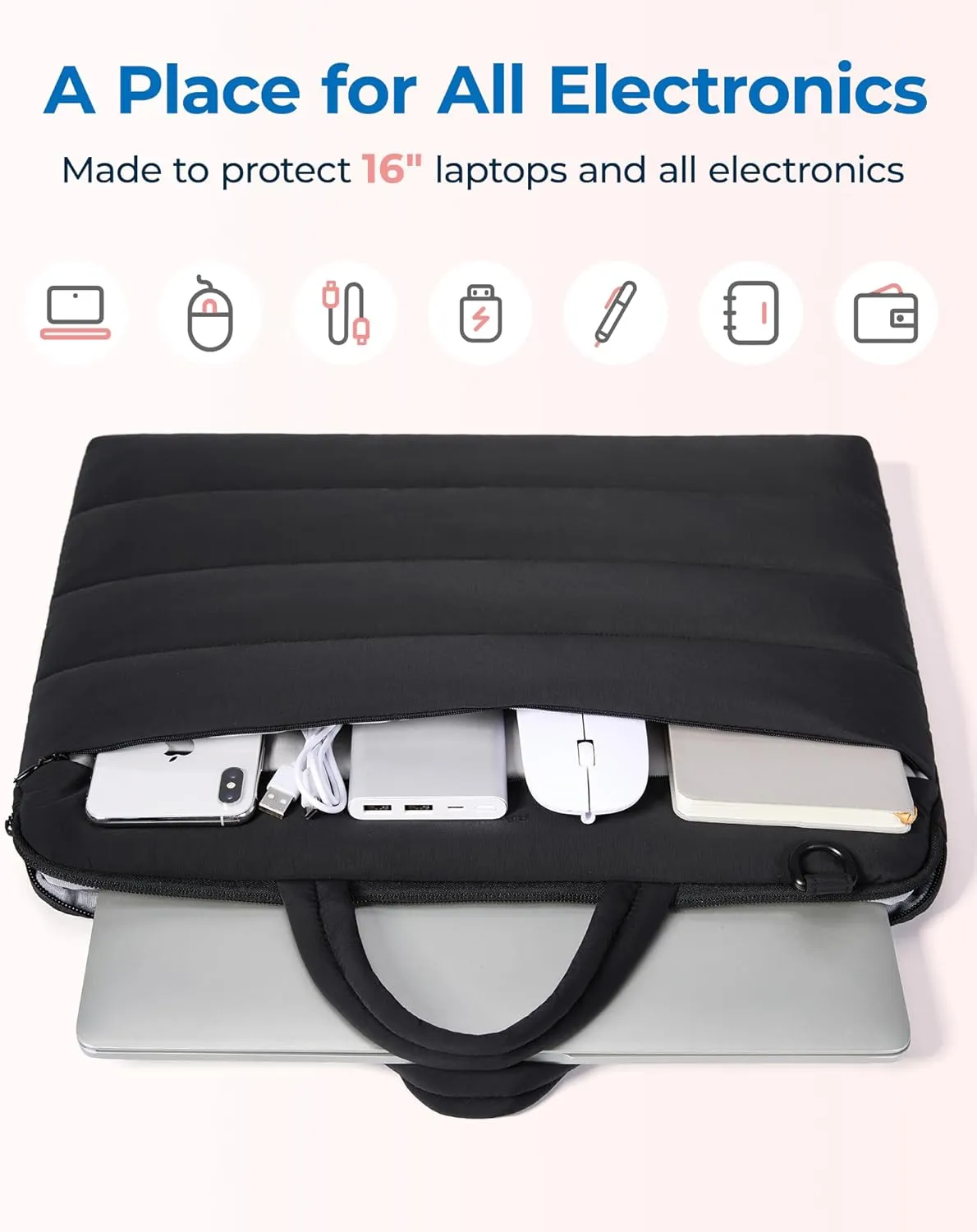 BAGSMART 15-16 inch Laptop Sleeve Bag with Strap, Puffy Padded Laptop Case with Pocket, Portable Macbook Air/Pro 13 inch Case for Women, Repellent Protective Sleeve Fitted with Dell, HP, Black