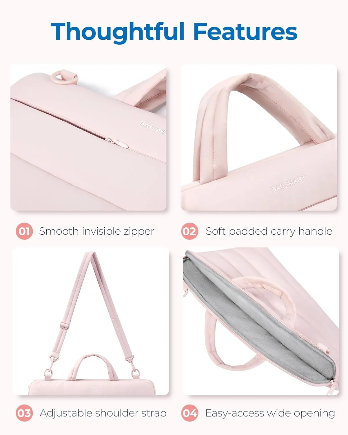 BAGSMART 15-16 inch Laptop Sleeve Bag with Strap, Puffy Padded Laptop Case with Pocket, Portable Macbook Air/Pro 13 inch Case for Women, Repellent Protective Sleeve Fitted with Dell, HP, Pink