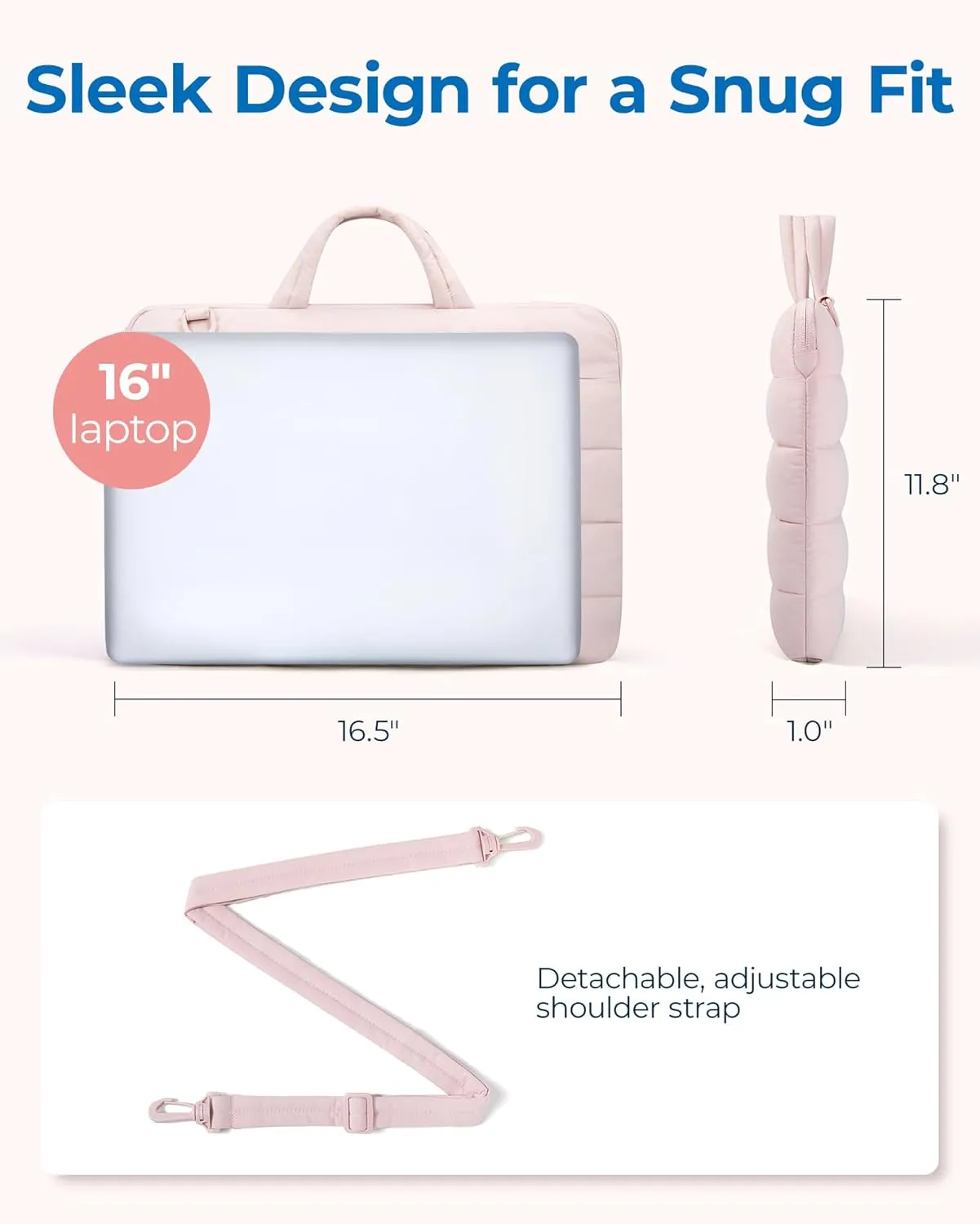 BAGSMART 15-16 inch Laptop Sleeve Bag with Strap, Puffy Padded Laptop Case with Pocket, Portable Macbook Air/Pro 13 inch Case for Women, Repellent Protective Sleeve Fitted with Dell, HP, Pink