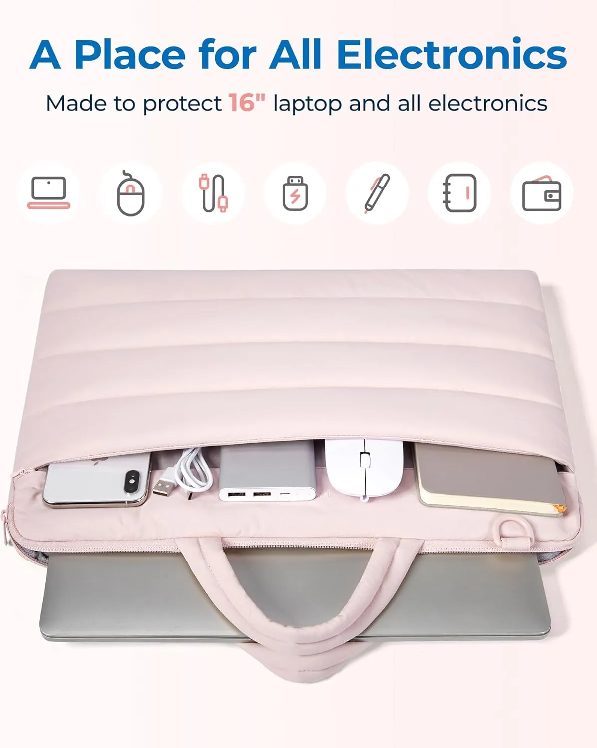 BAGSMART 15-16 inch Laptop Sleeve Bag with Strap, Puffy Padded Laptop Case with Pocket, Portable Macbook Air/Pro 13 inch Case for Women, Repellent Protective Sleeve Fitted with Dell, HP, Pink