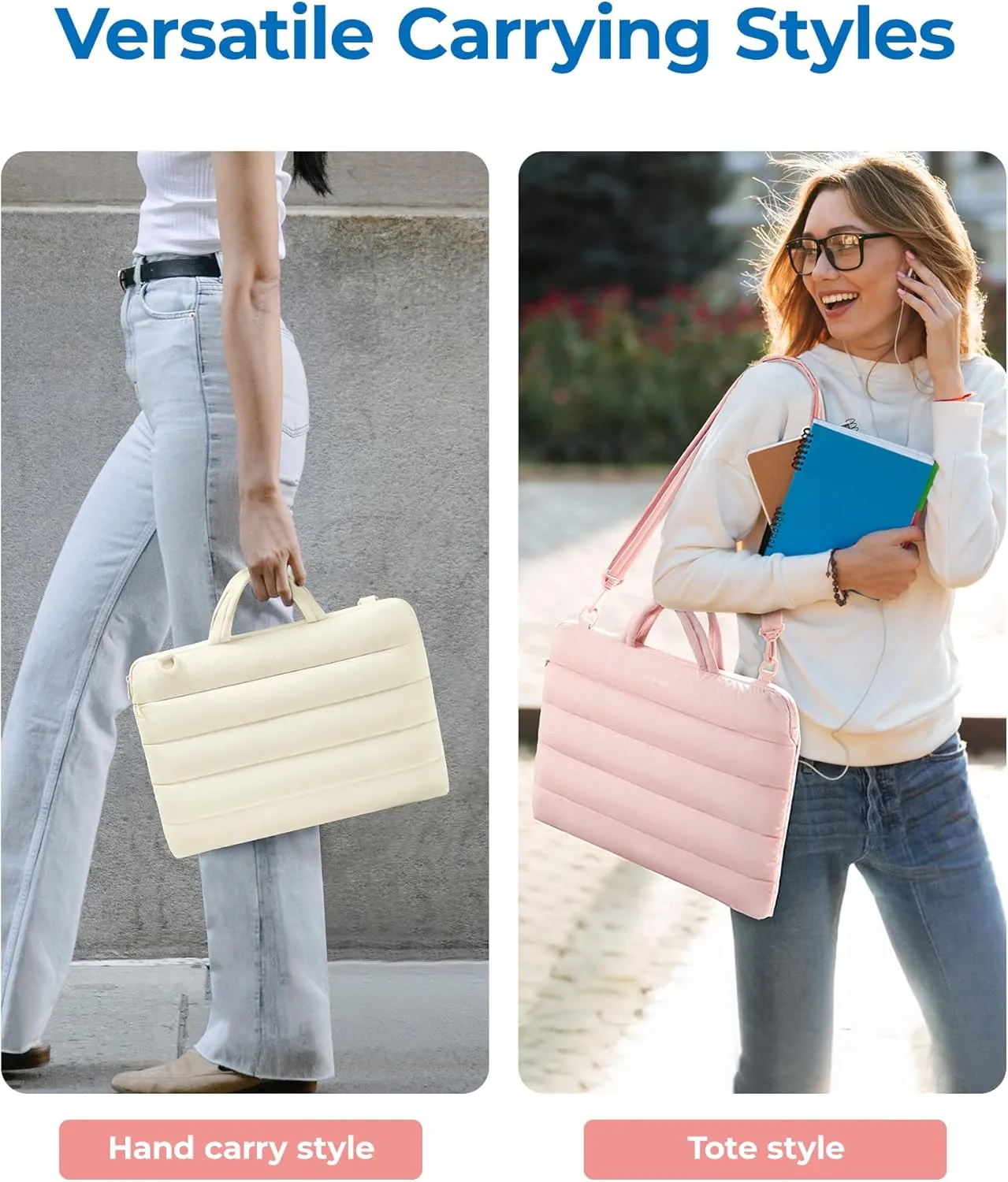 BAGSMART 15-16 inchLaptop Sleeve Bag with Strap, Puffy Padded Laptop Case with Pocket, Portable Macbook Air/Pro 13 inch Case for Women, Repellent Protective Sleeve Fitted with Dell, HP, Beige