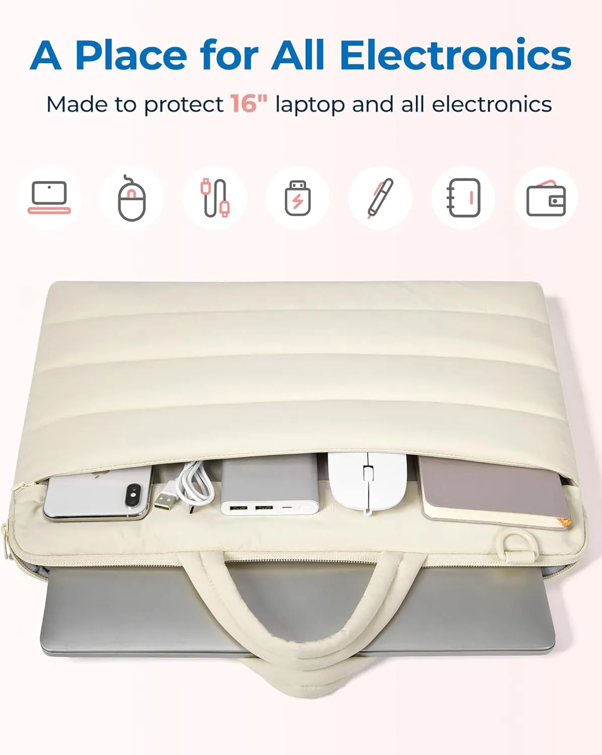 BAGSMART 15-16 inchLaptop Sleeve Bag with Strap, Puffy Padded Laptop Case with Pocket, Portable Macbook Air/Pro 13 inch Case for Women, Repellent Protective Sleeve Fitted with Dell, HP, Beige