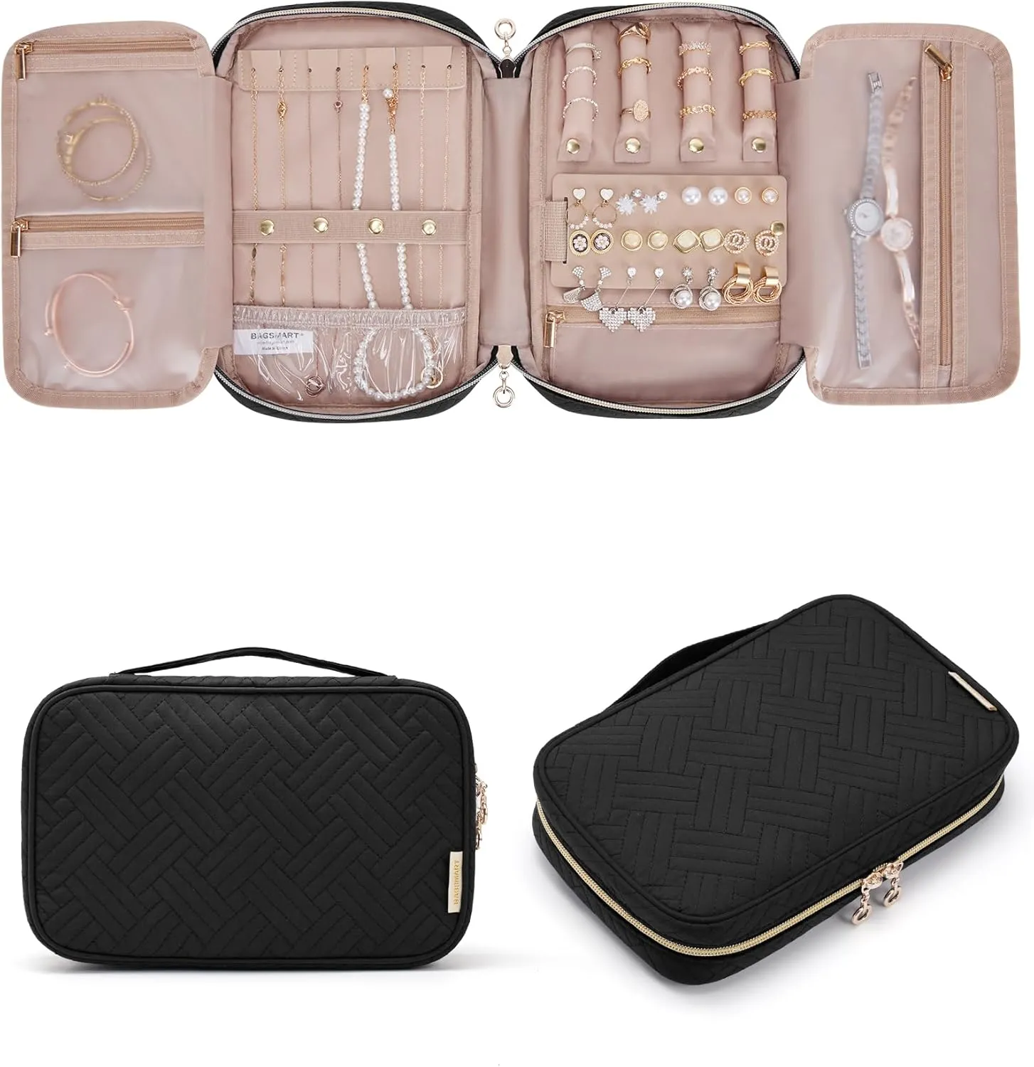 BAGSMART Jewelry Organizer Bag Travel Jewelry Storage Cases for Necklace, Earrings, Rings, Bracelet, Black