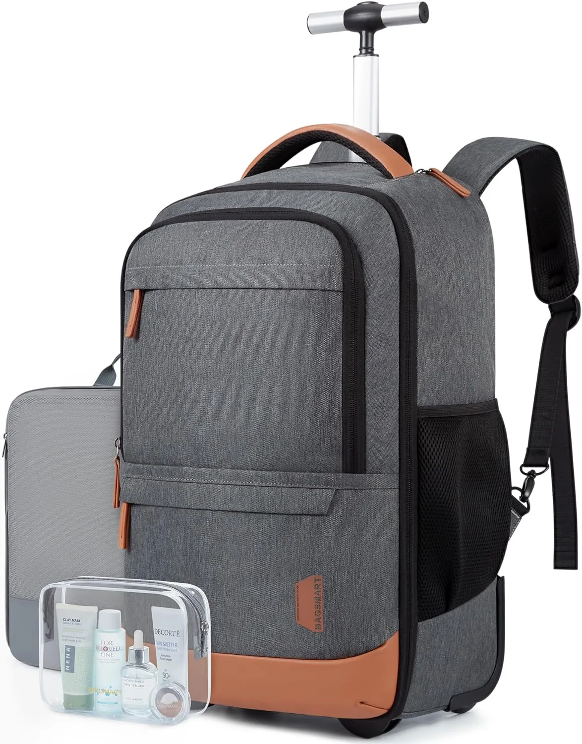 BAGSMART Rolling Travel Backpack,17 Inch Large Roller College Backpack Luggage Carry on with 2 Packing Cubes, Water-Resistant Travel Laptop Backpacks with Wheels for Adults, Gray