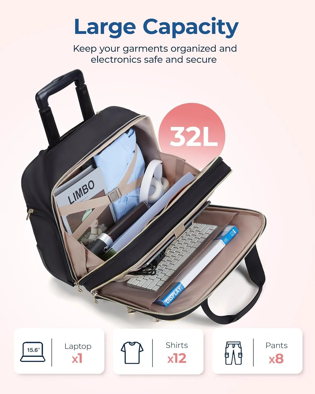BAGSMART Women's Rolling Laptop Bag for 15.6 Inch Laptop, Underseat Carry-On Luggage with TSA Lock, Wheeled Computer Briefcase for Travel Work Business, Black