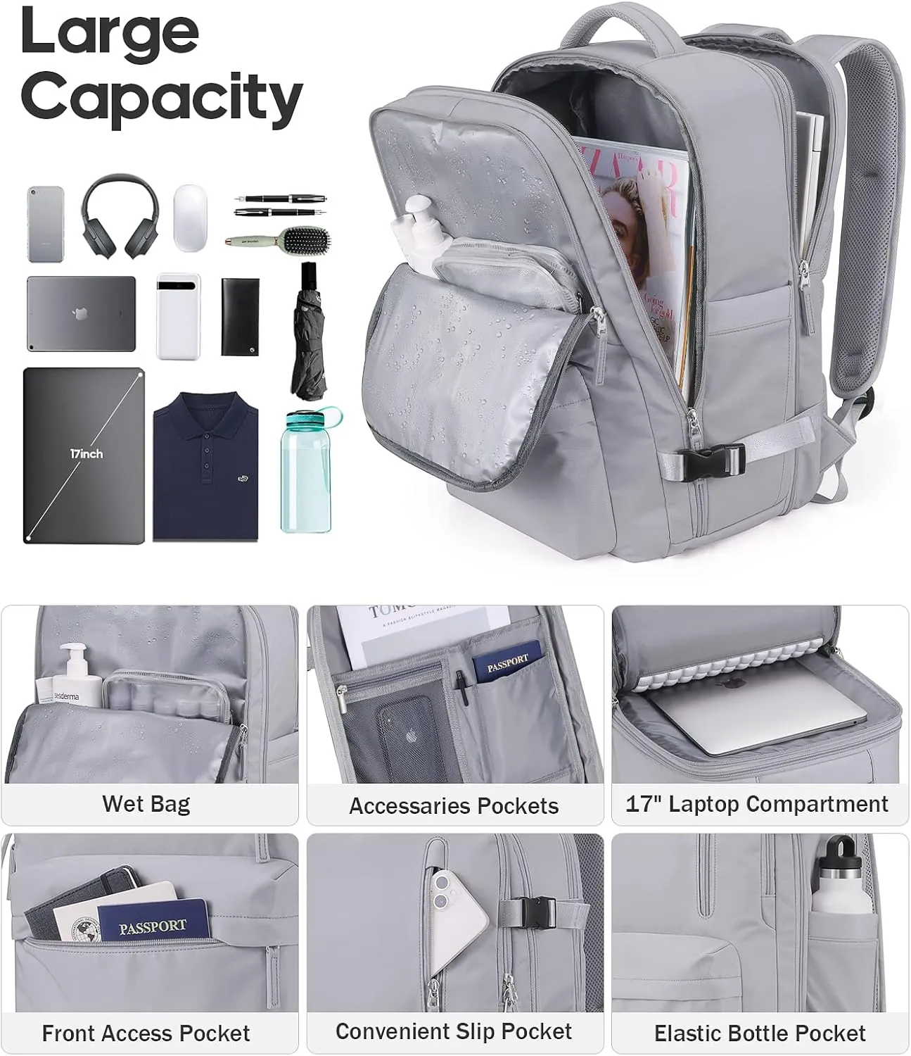 Bagsure Large Travel Backpack for Women Men, 45L Expandable Carry On Backpack, 17 Inch Laptop Backpack Waterproof College Business, Flight Approved