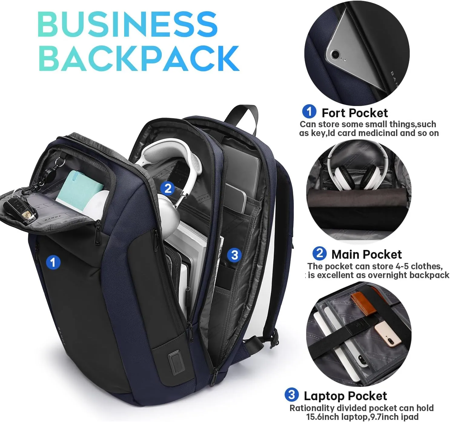 BANGE Travel BackpacksOvernight Laptop Carry-On Backpack for Airplanes Waterproof 15.6 inch Laptop Backpack for Men and Women (Blue)