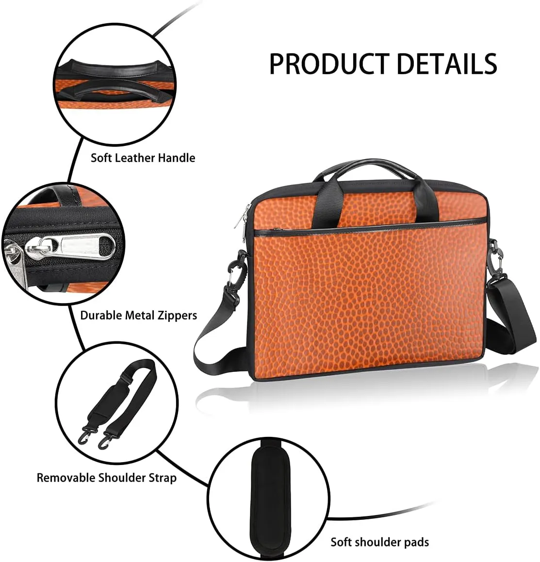 Basketball Texture Laptop Shoulder Messenger Bag Waterproof Laptop Briefcase Handle Padded Strap