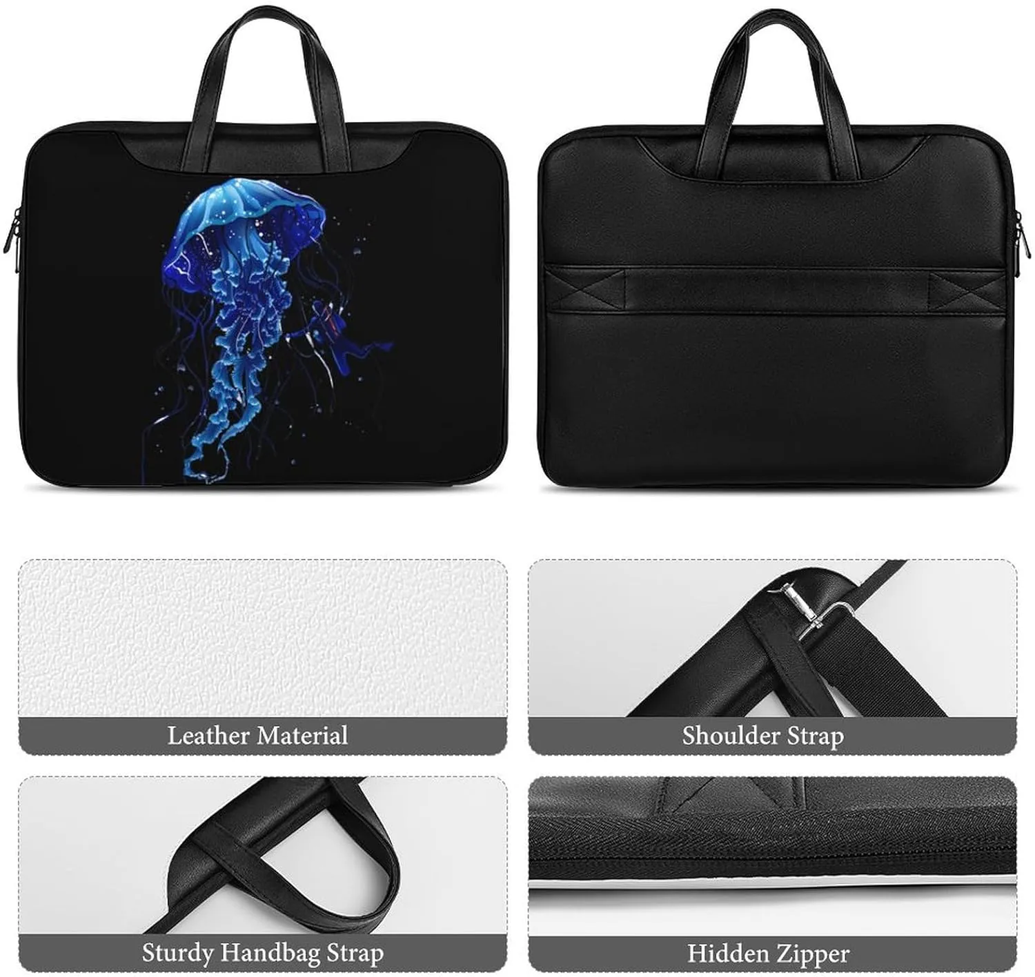 Beautiful Jelly Fish with Scuba Diver Laptop Bag PU Leather Computer Tote Bag Carrying Case Messenger Bag with Handle