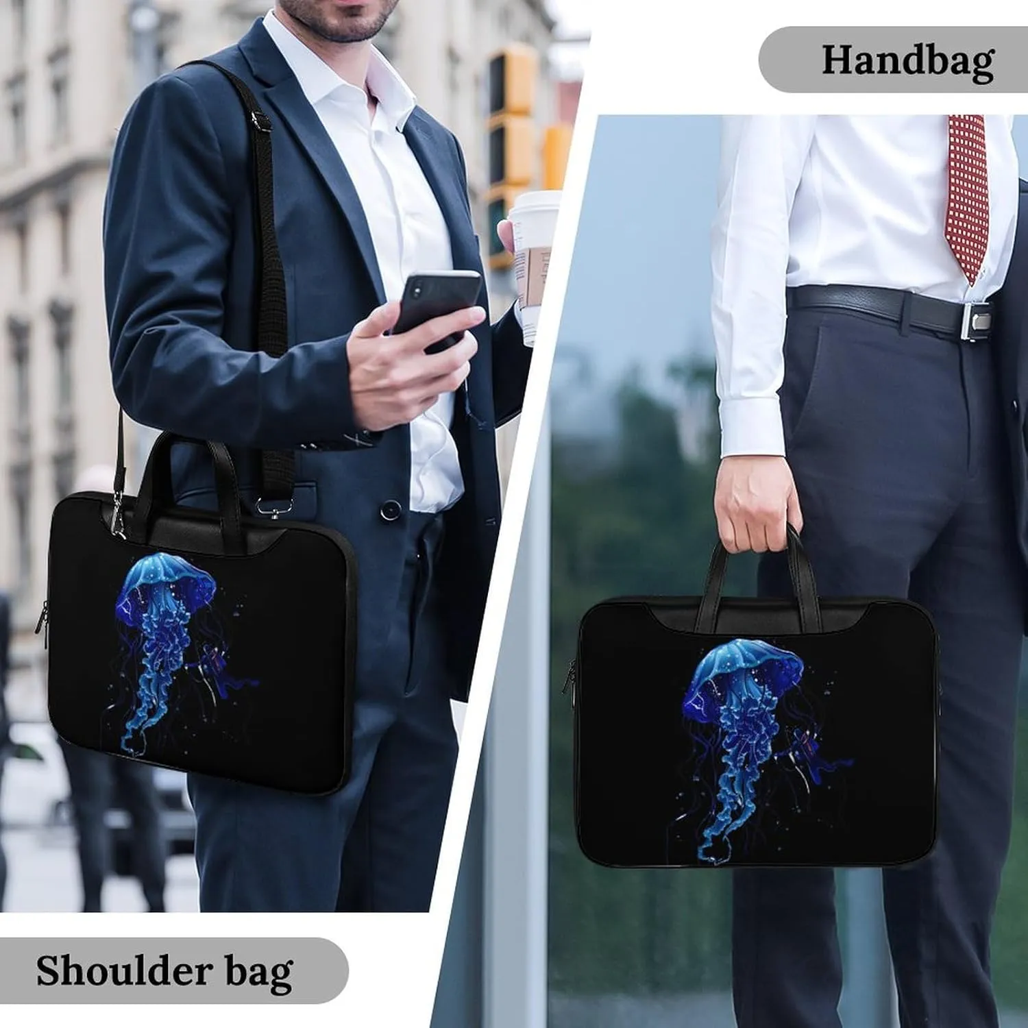 Beautiful Jelly Fish with Scuba Diver Laptop Bag PU Leather Computer Tote Bag Carrying Case Messenger Bag with Handle