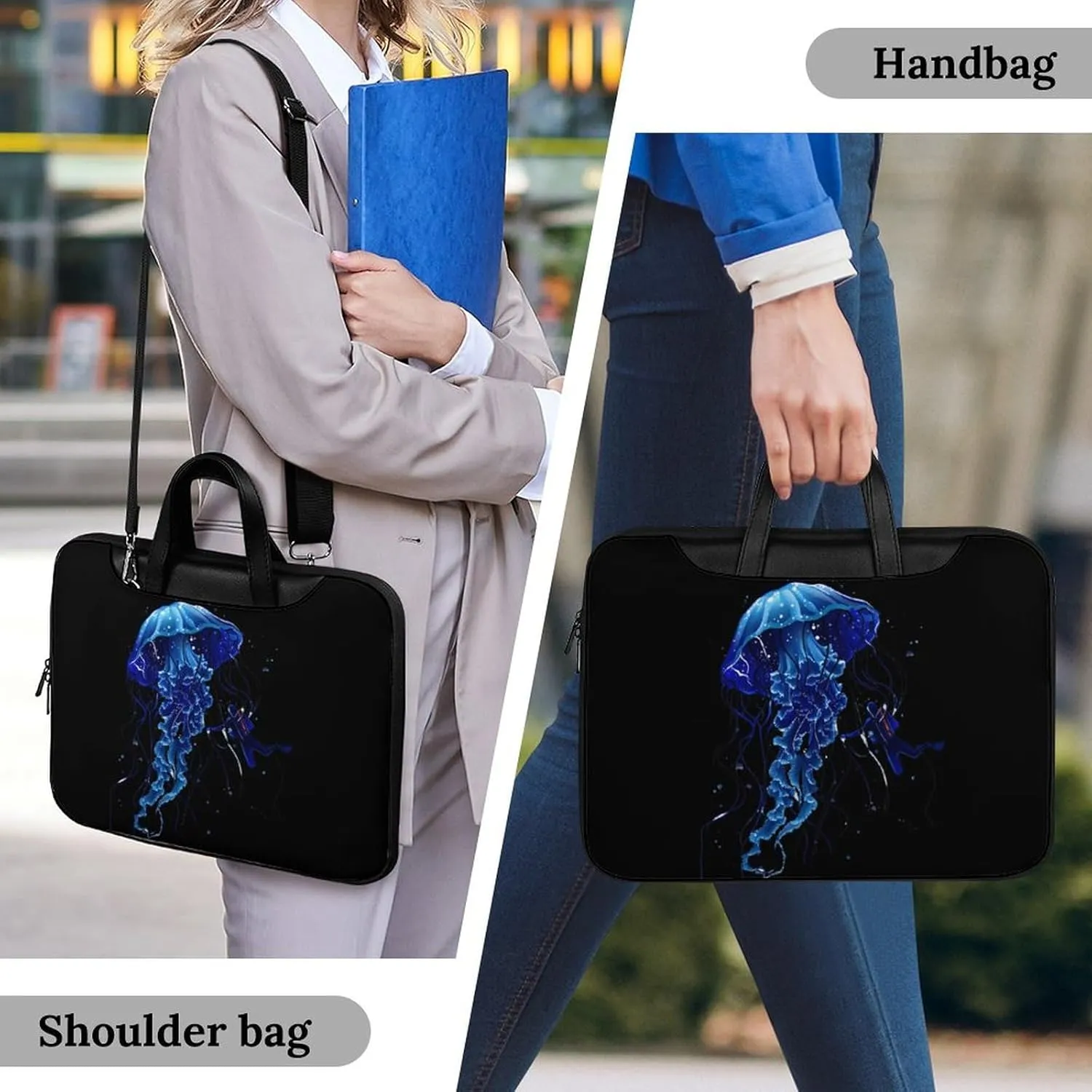 Beautiful Jelly Fish with Scuba Diver Laptop Bag PU Leather Computer Tote Bag Carrying Case Messenger Bag with Handle