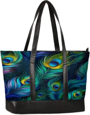 Beautiful Peacock Feathers Laptop Tote Bag for Women Lightweight Work Purse with Multiple Compartments Fits 13-15.6 Inch Laptop Tablet Shoulder Bag for Office Travel Daily Use