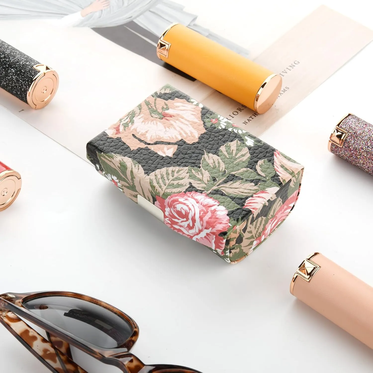 Beautyflier Large Lipstick Case with Mirror, Women’s PU Leather Lip Balm Holder for Purse, Rectangle Makeup Travel Cases, Women's Portable Lipstick Pouch Travel Cosmetic Box, Black Flowers