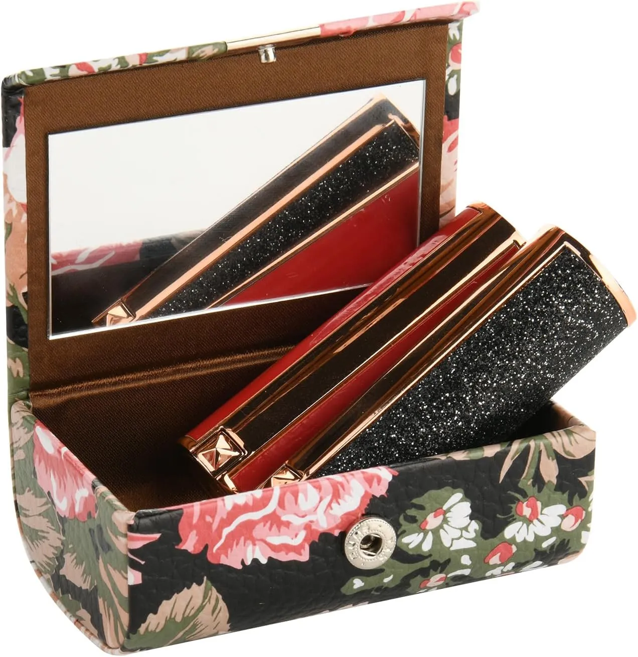 Beautyflier Large Lipstick Case with Mirror, Women’s PU Leather Lip Balm Holder for Purse, Rectangle Makeup Travel Cases, Women's Portable Lipstick Pouch Travel Cosmetic Box, Black Flowers