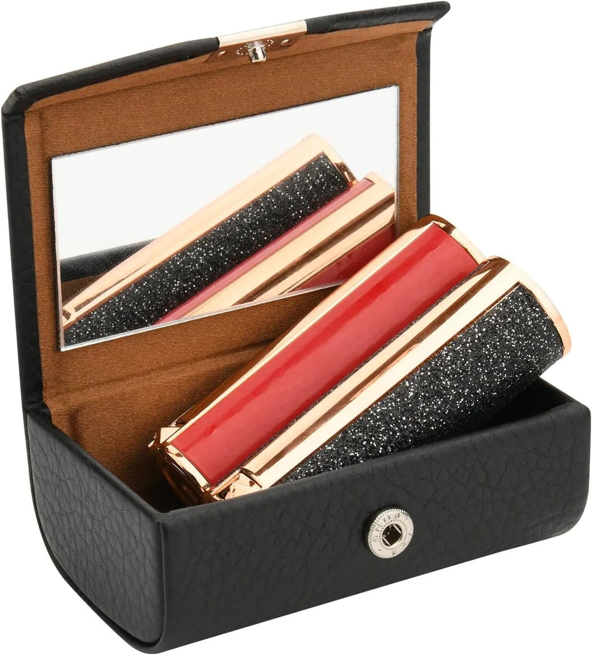 Beautyflier Large Lipstick Case with Mirror, Women’s PU Leather Lipstick Case Holder for Purse with Mirror Rectangle Makeup Travel Cases, Women's Portable Lipstick Pouch Travel Cosmetic Case (Black)