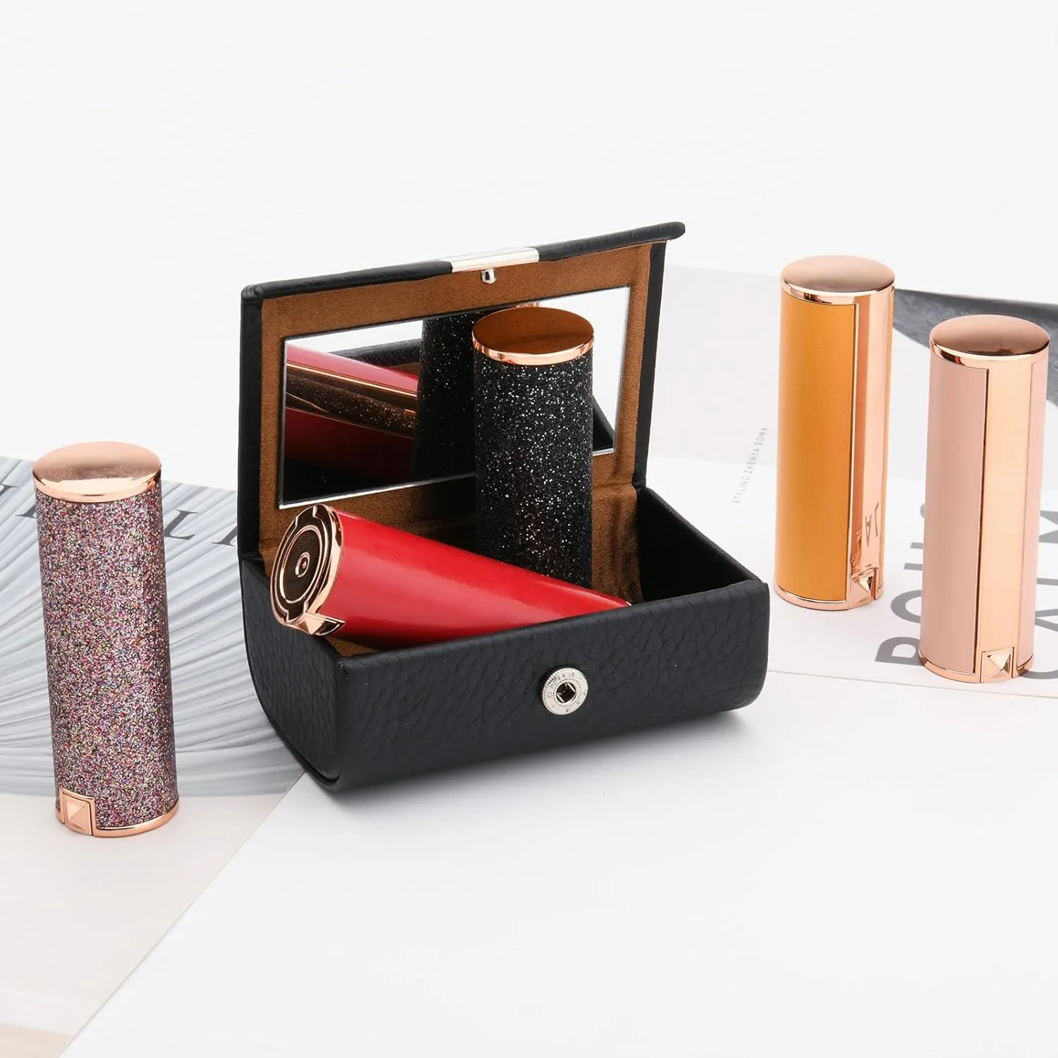 Beautyflier Large Lipstick Case with Mirror, Women’s PU Leather Lipstick Case Holder for Purse with Mirror Rectangle Makeup Travel Cases, Women's Portable Lipstick Pouch Travel Cosmetic Case (Black)