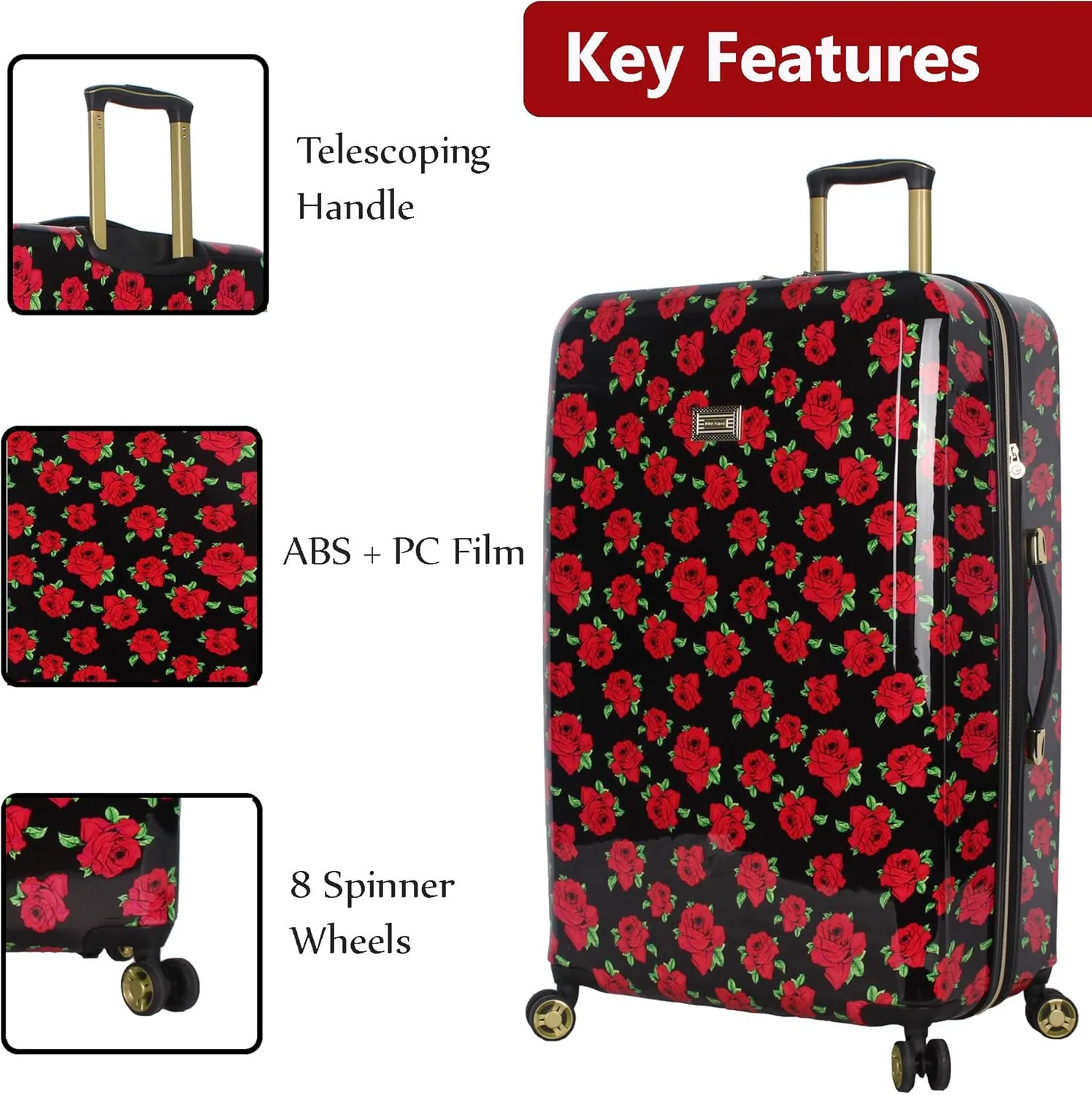 Betsey Johnson 30 Inch Checked Luggage Collection - Expandable Scratch Resistant (ABS   PC) Hardside Suitcase - Designer Lightweight Bag with 8-Rolling Spinner Wheels