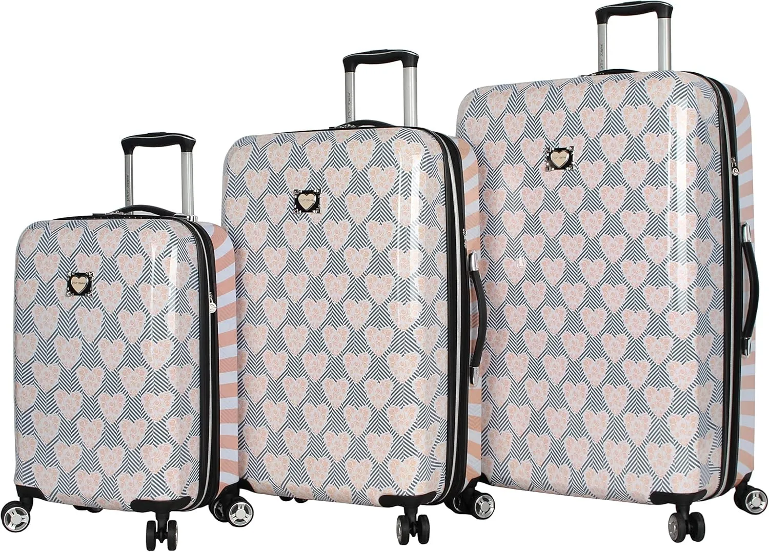 Betsey Johnson Designer Luggage Collection - Expandable 3 Piece Hardside Lightweight Spinner Suitcase Set - Travel Set includes 20-Inch Carry On, 26 inch and 30-Inch Checked Suitcase (Chevron Hearts)
