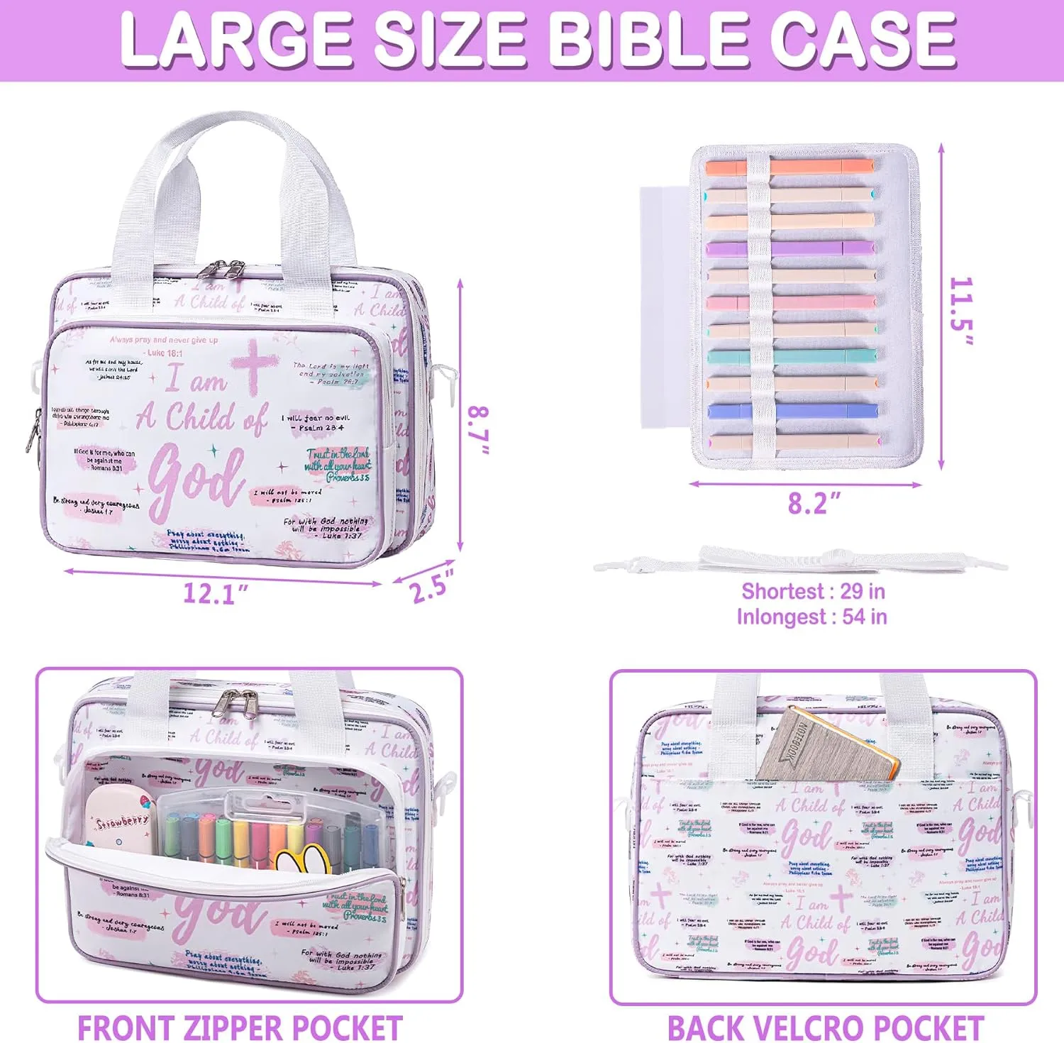 Bible Cover Cases for Women, Bible Holder Carrier Carrying Organizer Bag with Shoulder Strap, I am A Child of God, Large Bible Study Supplies Accessories Book Protector for Book Lovers