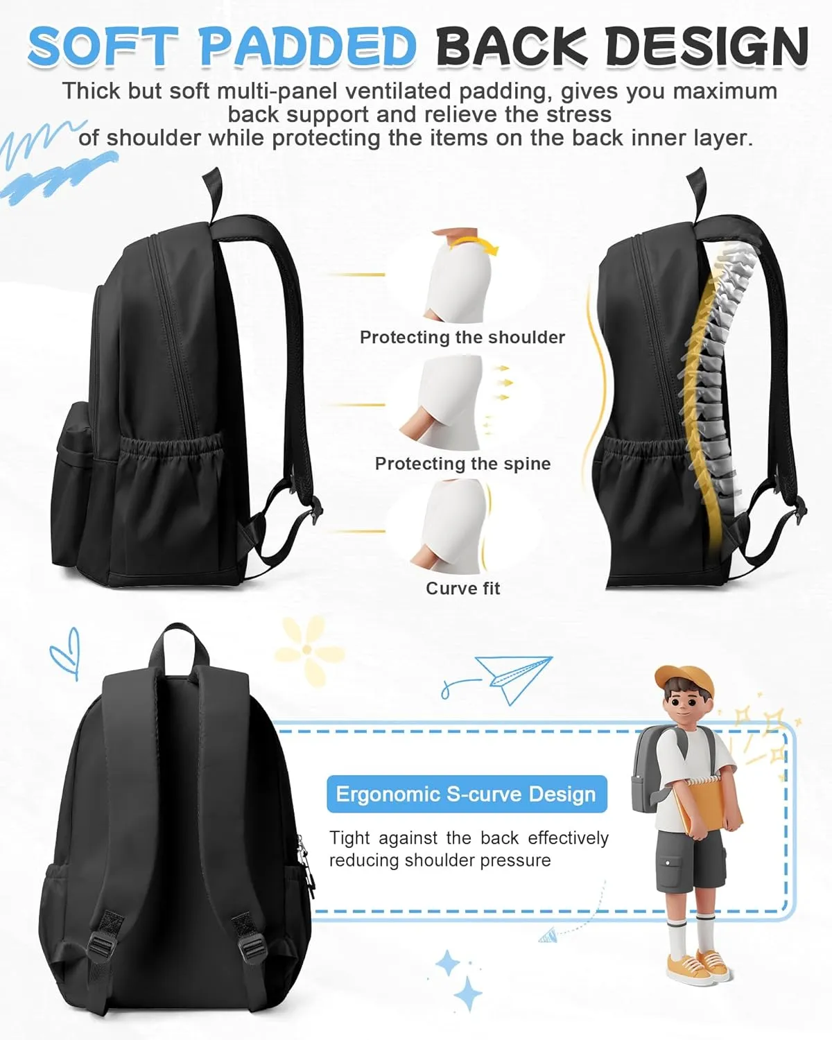 Black Backpack for School, High School Bookbag Back Pack for Teens Girls Boys, Lightweight College Backpack Bookbag for Women Men, Simple Casual Daypack Backpack Mochilas Escolares para Adolescentes