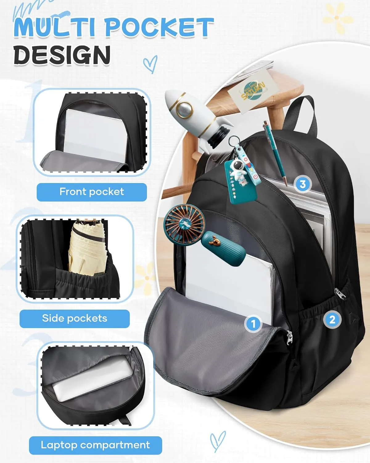 Black Backpack for School, High School Bookbag Back Pack for Teens Girls Boys, Lightweight College Backpack Bookbag for Women Men, Simple Casual Daypack Backpack Mochilas Escolares para Adolescentes