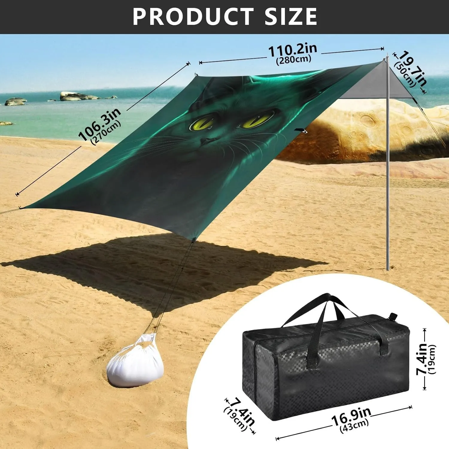 Black Cat Dark Beach Tent Canopy 9.2 × 10.5 FT Sun Shade Outdoor Patio Picnic Canopies Sand Camping Sun Shelter with Anchor Poles Easy up