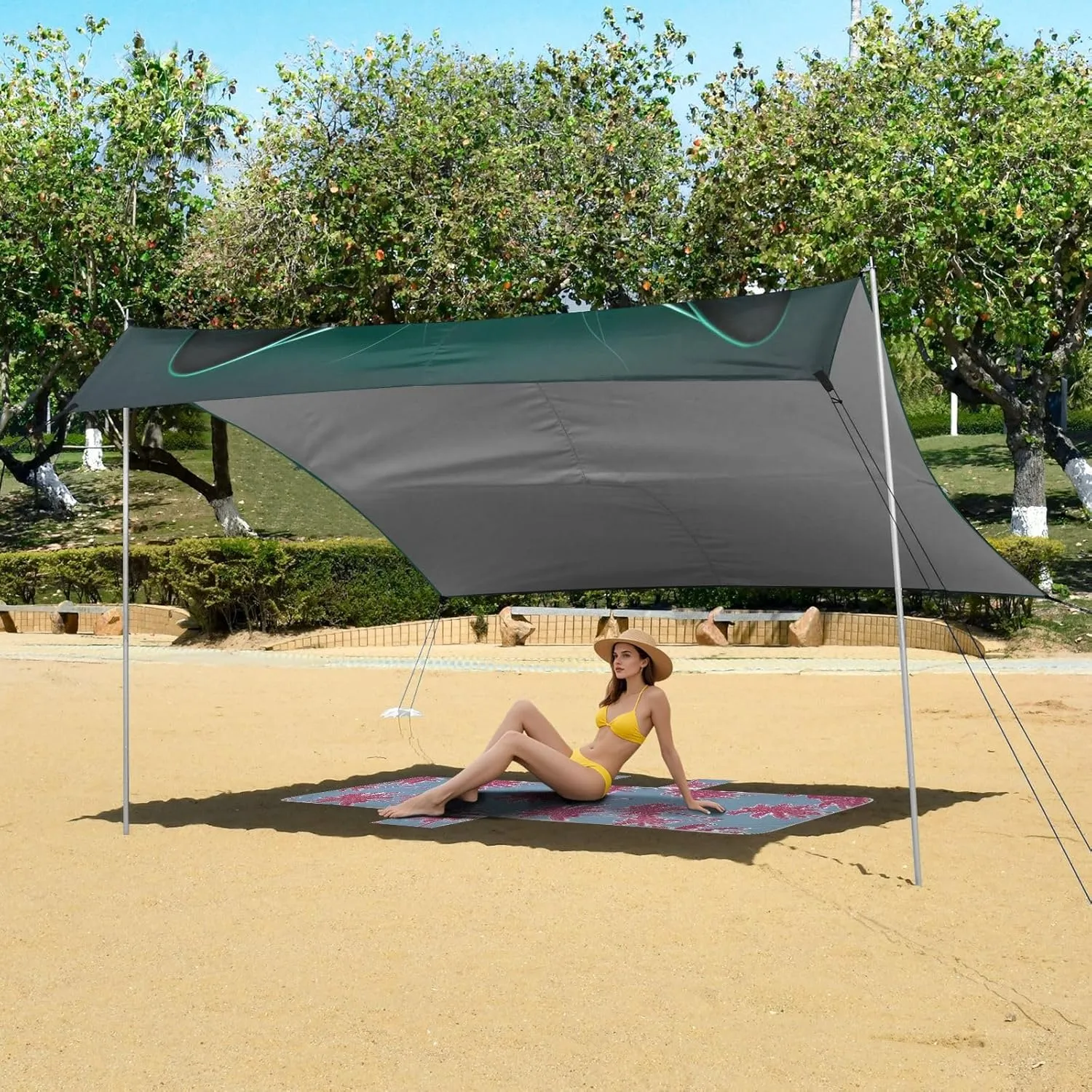 Black Cat Dark Beach Tent Canopy 9.2 × 10.5 FT Sun Shade Outdoor Patio Picnic Canopies Sand Camping Sun Shelter with Anchor Poles Easy up