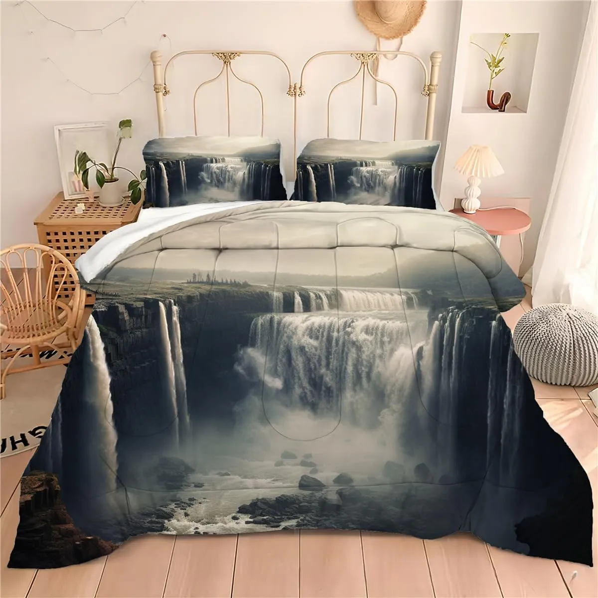 Black Misty Forest Gloomy Terrifying Bedding Set Queen, Foggy Primitive Smoky Forest Quilt, Queen Size with 1 Comforter   2 Pillowcases