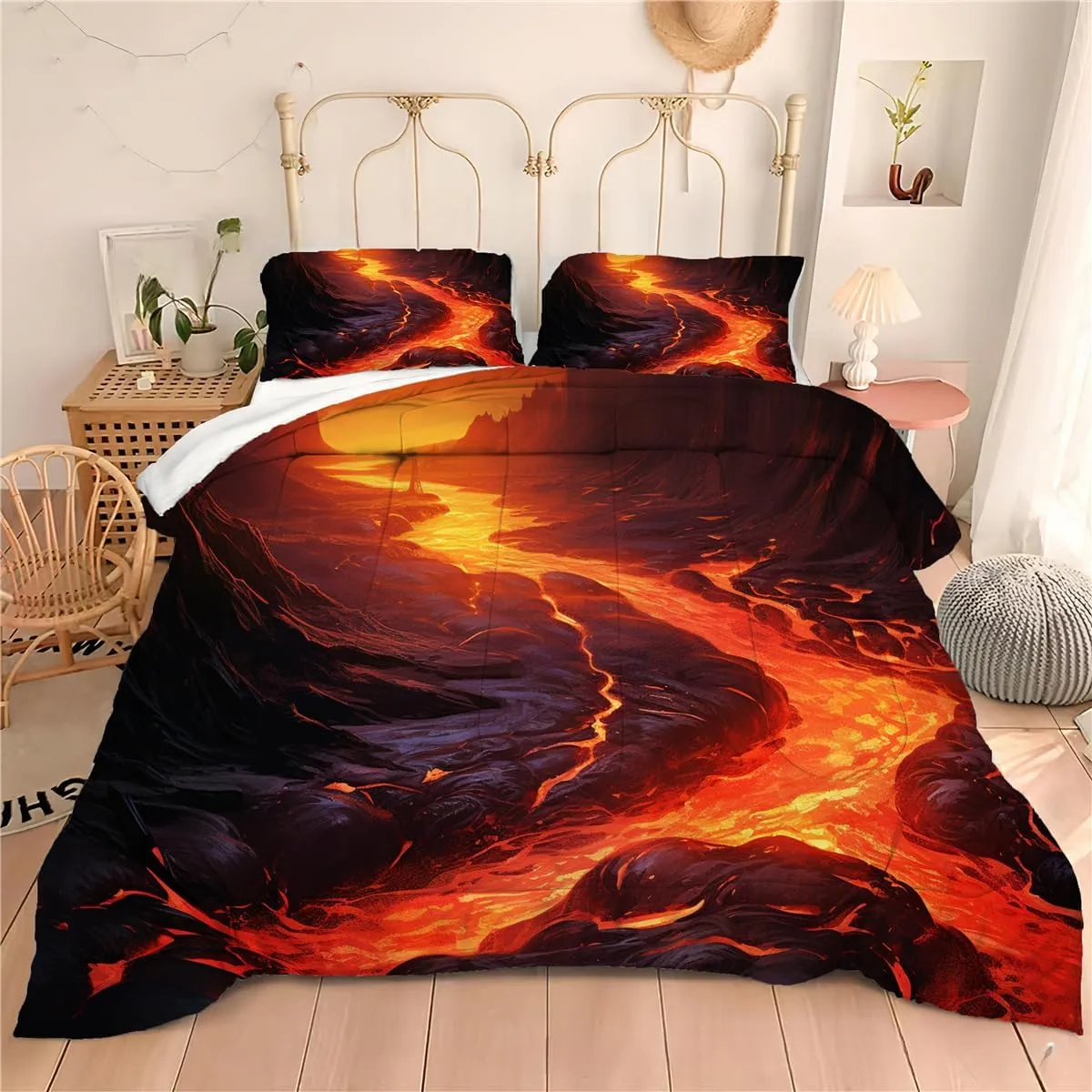 Black Misty Forest Gloomy Terrifying Bedding Set Queen, Foggy Primitive Smoky Forest Quilt, Queen Size with 1 Comforter   2 Pillowcases