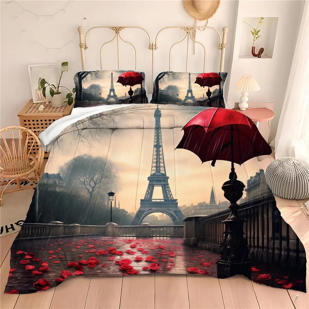 Black Misty Forest Gloomy Terrifying Bedding Set Queen, Foggy Primitive Smoky Forest Quilt, Queen Size with 1 Comforter   2 Pillowcases
