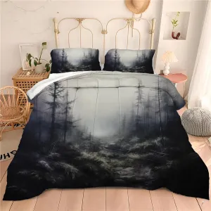 Black Misty Forest Gloomy Terrifying Bedding Set Queen, Foggy Primitive Smoky Forest Quilt, Queen Size with 1 Comforter   2 Pillowcases